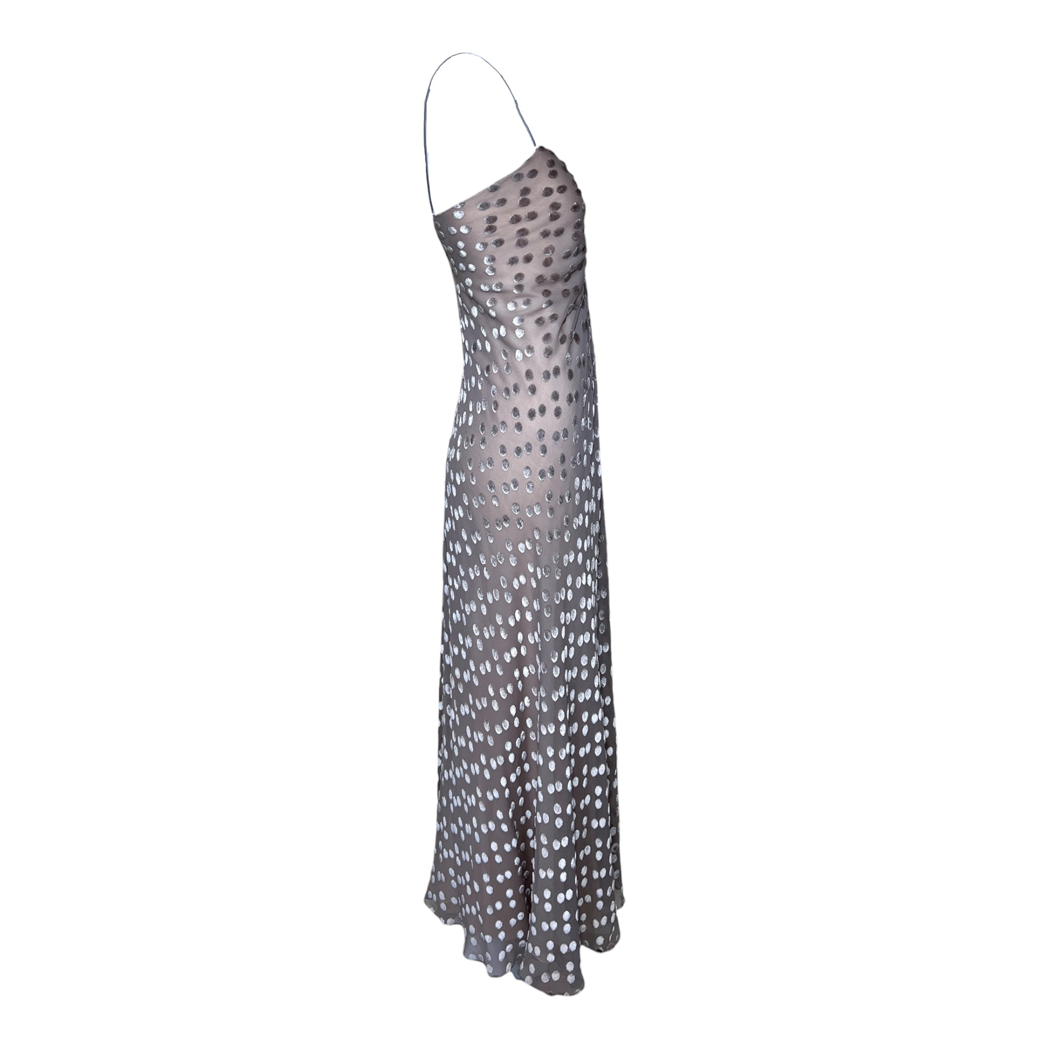 Stavropoulos 1970's Grey Devore Velvet Polkadot and Silk Gown, side