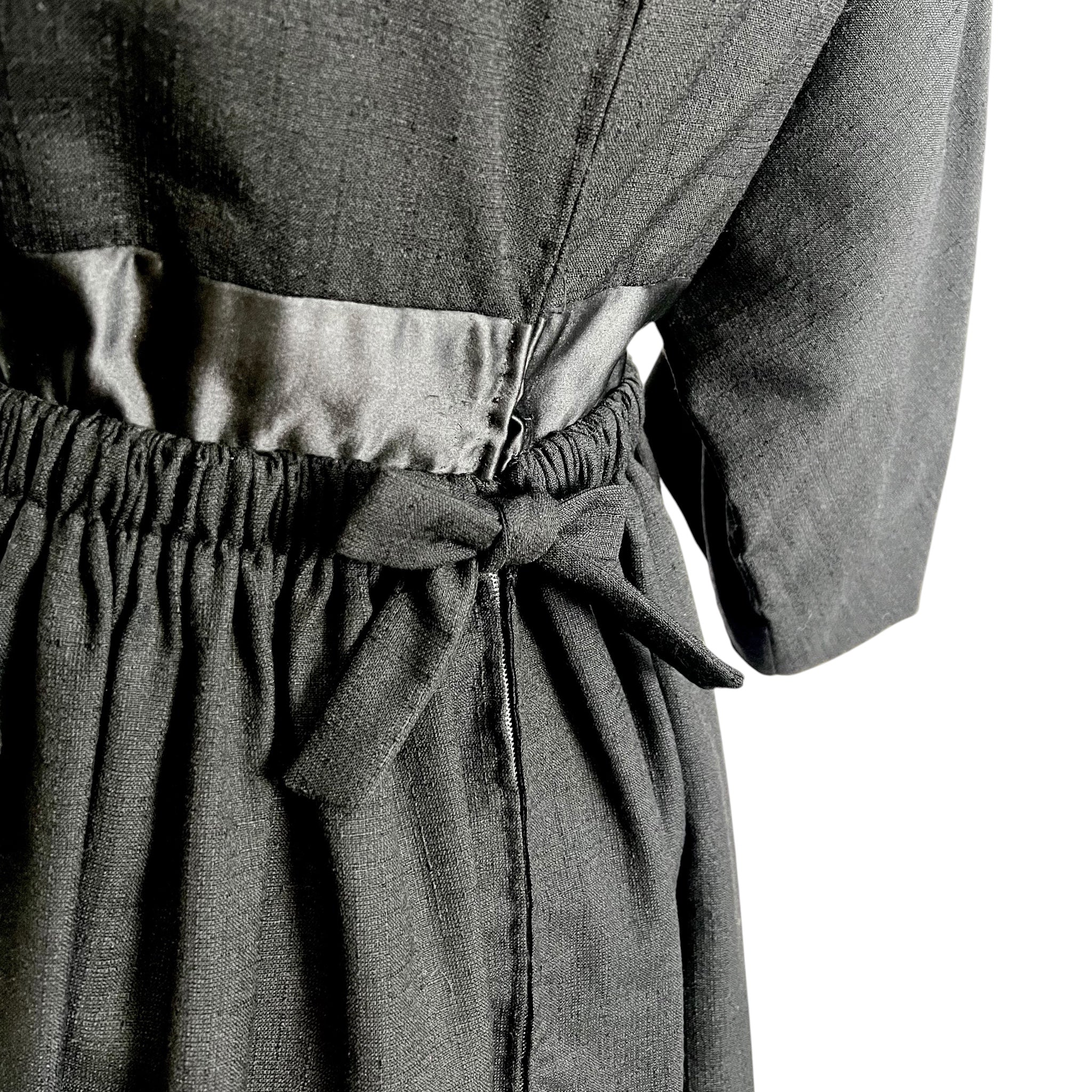 Galanos 1950's Black Raw Silk Fit and Flare Sleeved Day Dress, WAIST DETAIL