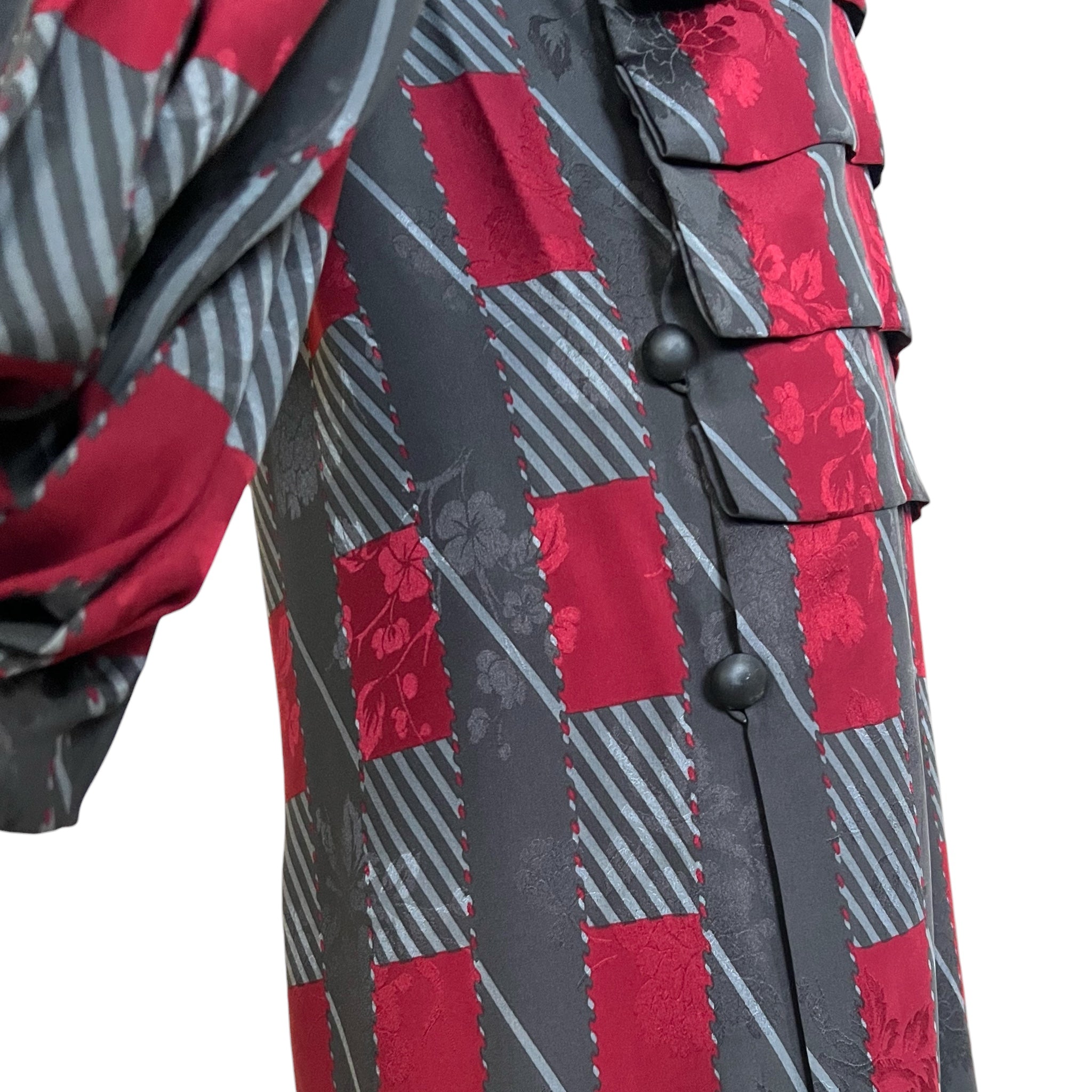 Galanos 1980's Maroon and Grey Silk Jacquard Graphic Print Dress, button detail
