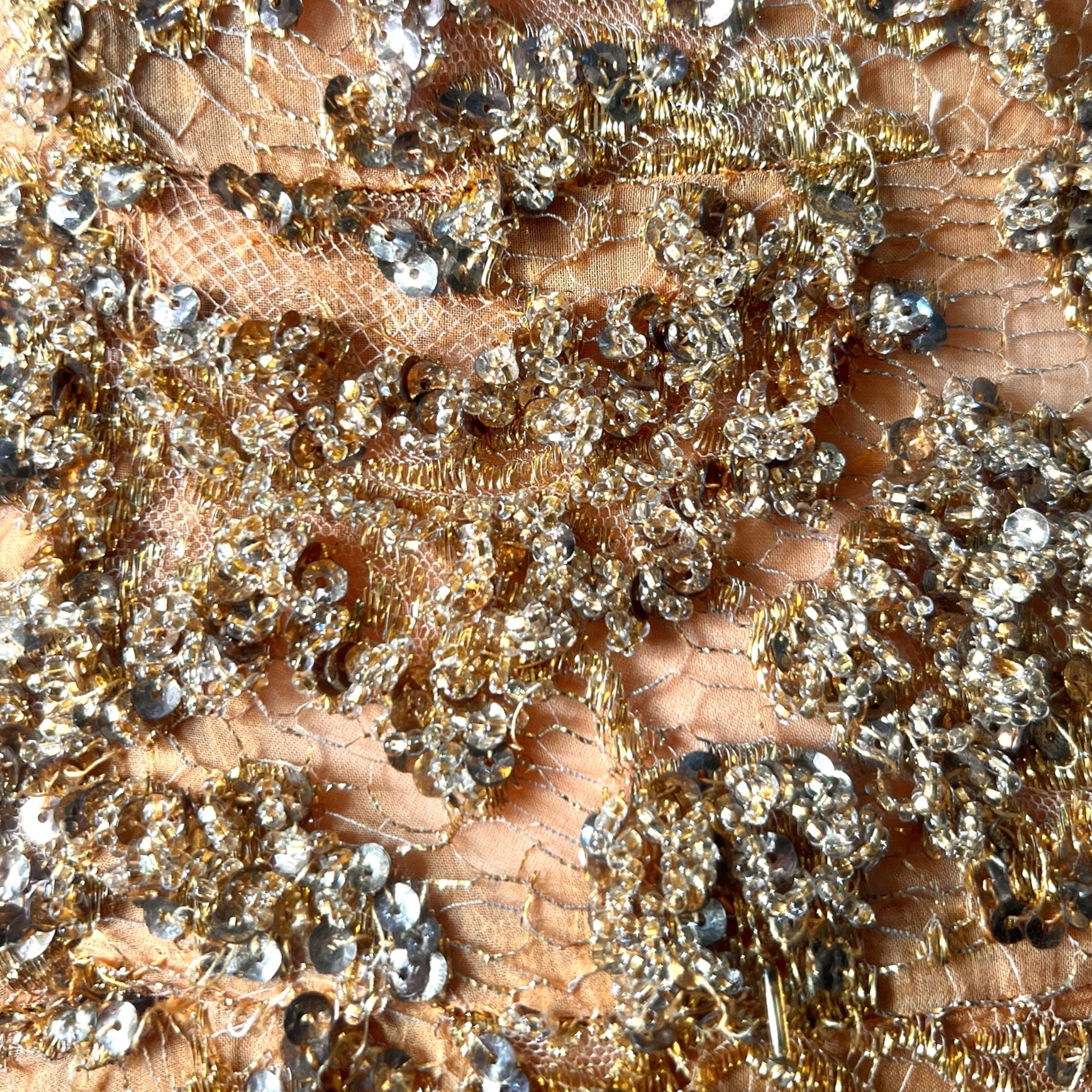 1960's Gold Heavily Embellished Knit Lace Evening Bombshell Gown, detail
