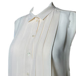 Christian Dior 2000's Cream Silk Pleat Front Button Up Sleeveless Blouse, collar and top detail