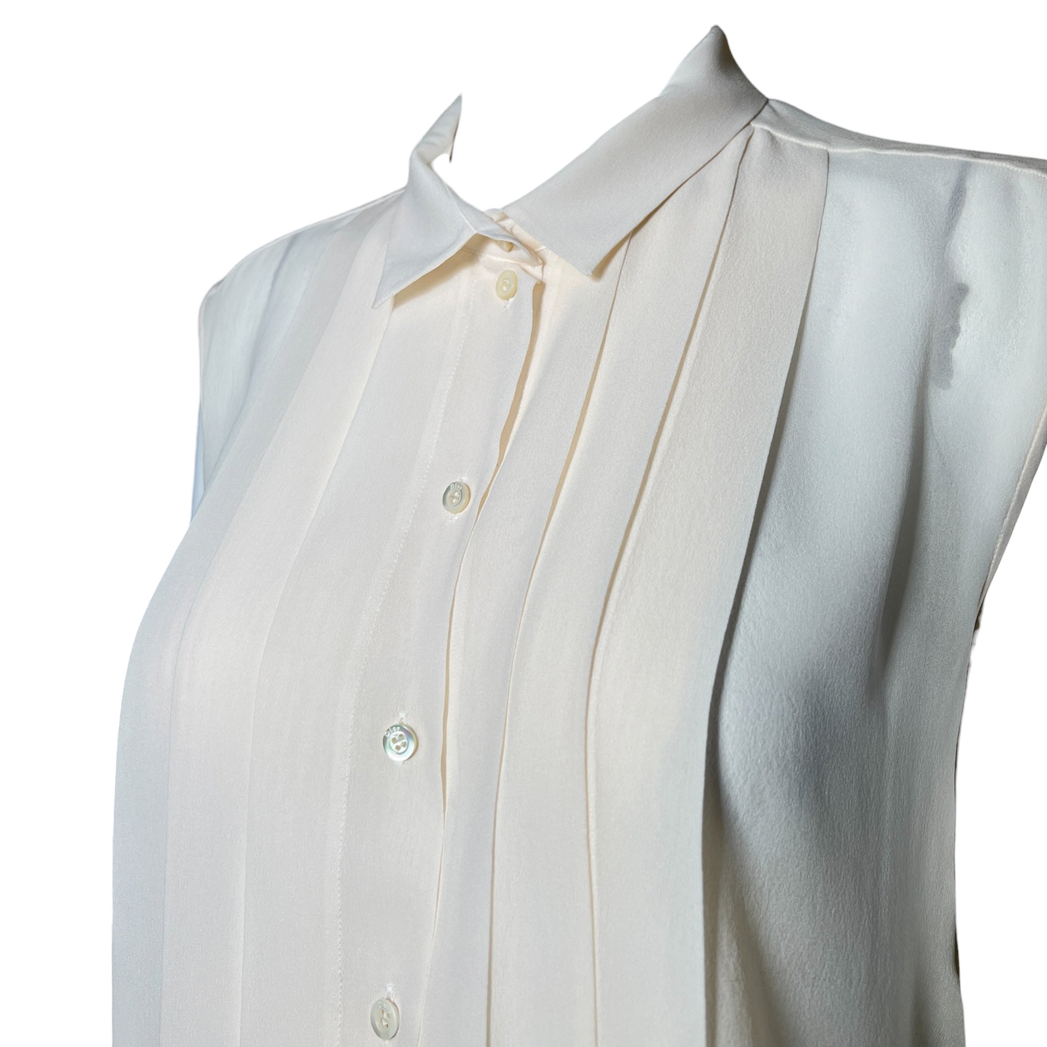 Christian Dior 2000's Cream Silk Pleat Front Button Up Sleeveless Blouse, collar and top detail