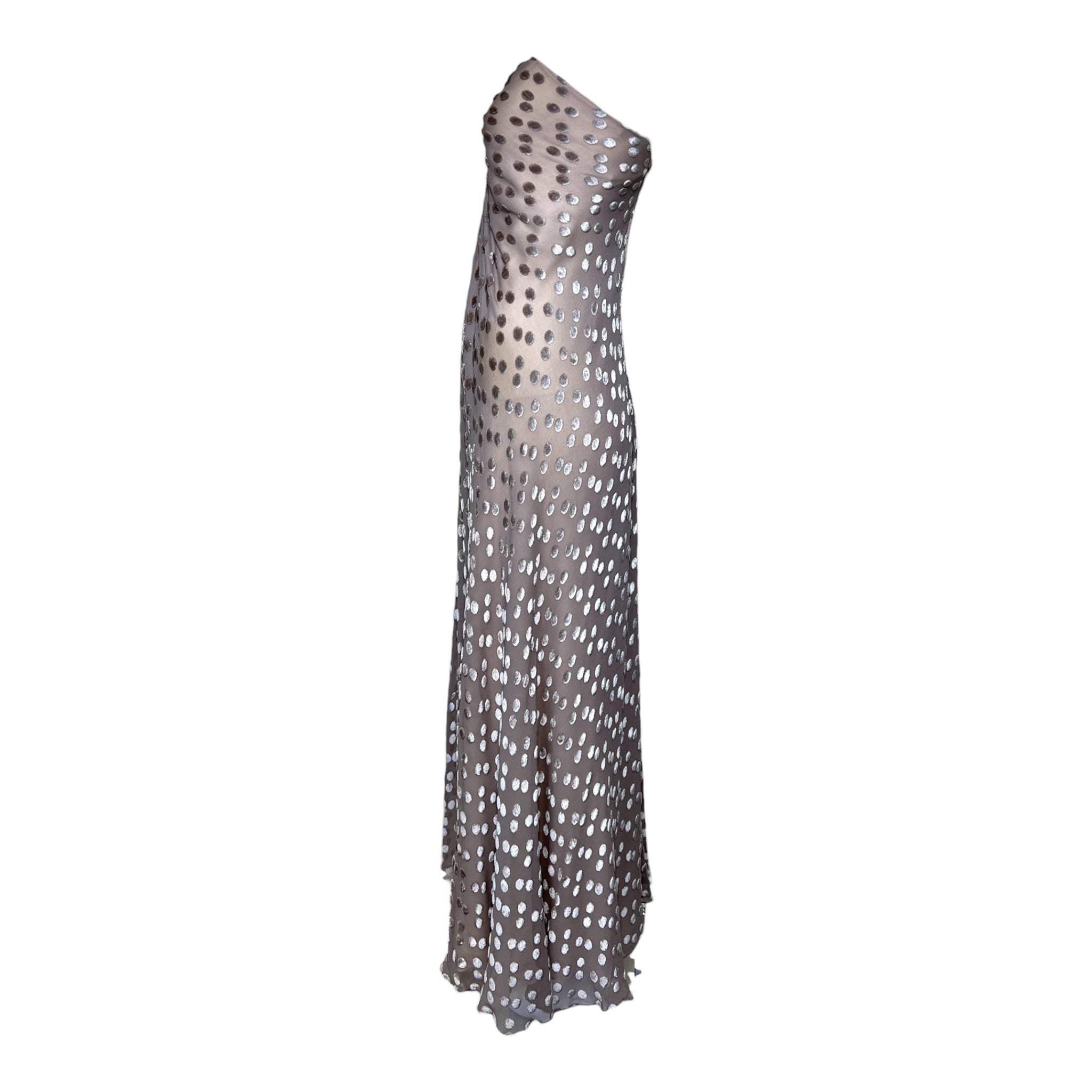 Stavropoulos 1970's Grey Devore Velvet Polkadot and Silk Gown, side 2