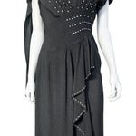 1940's Charcoal Rayon Crystal Studded Evening Dress with Swag Drape, skirt