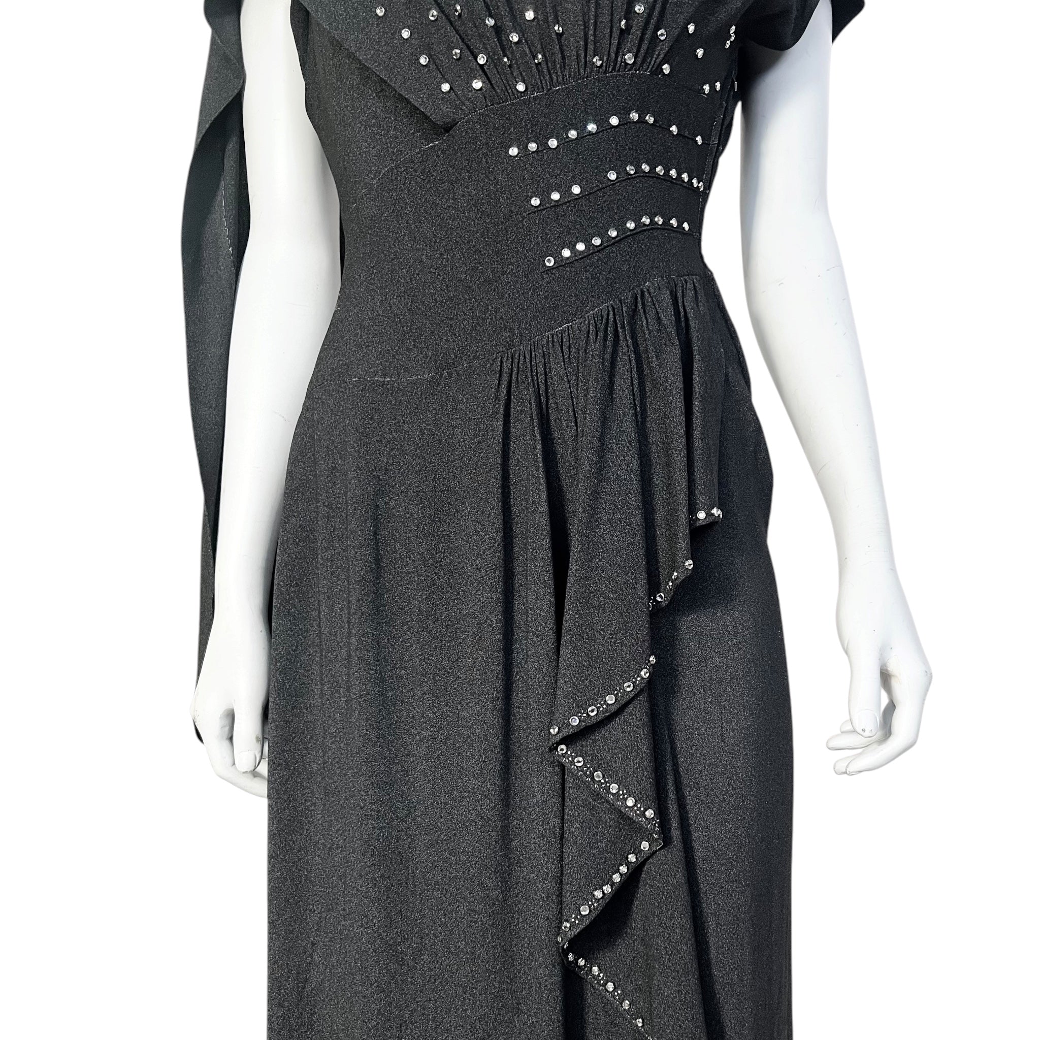 1940's Charcoal Rayon Crystal Studded Evening Dress with Swag Drape, skirt