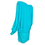 Galanos 1980's Turquoise Pleated Silk and Lace Mini Dress, slight back