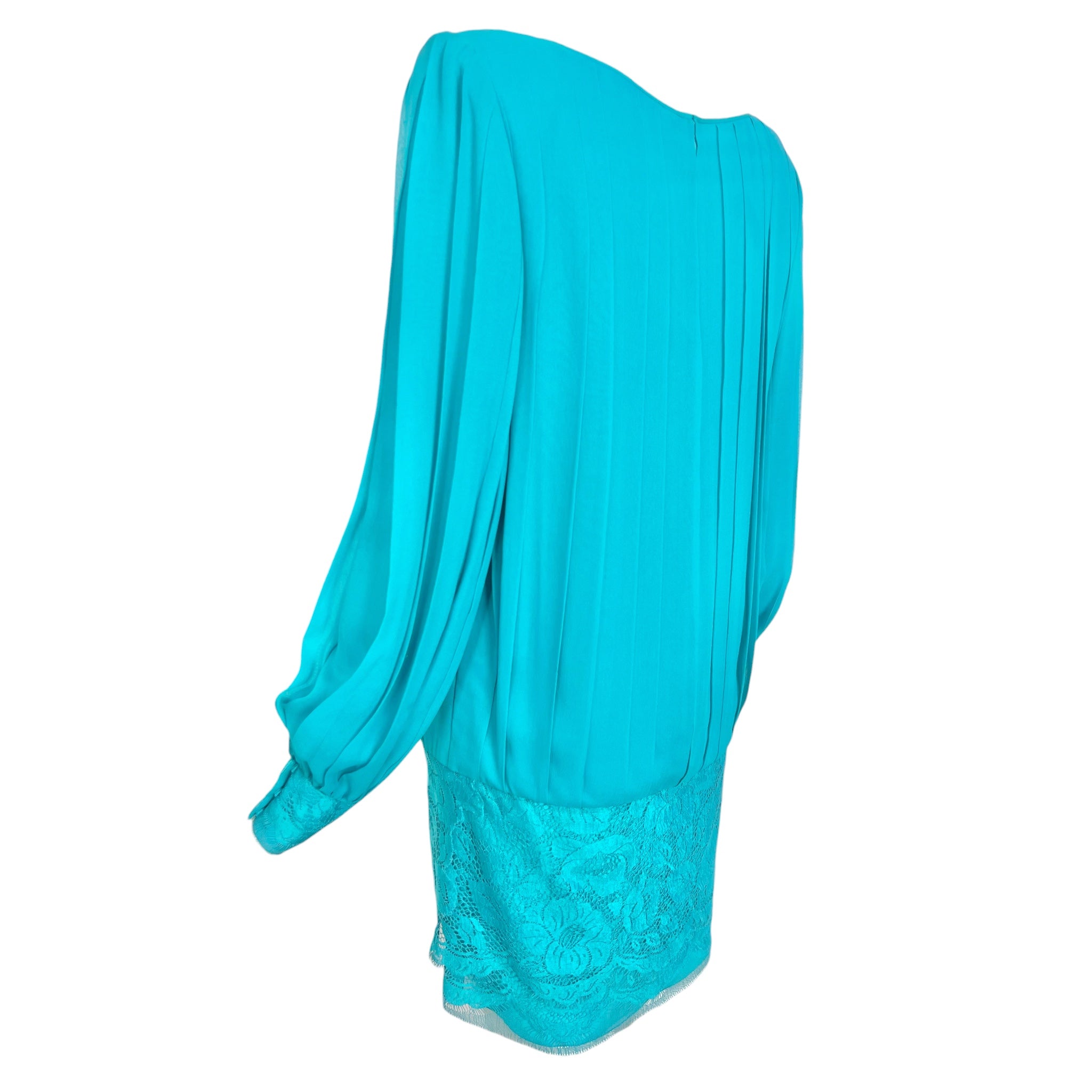Galanos 1980's Turquoise Pleated Silk and Lace Mini Dress, slight back