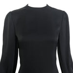 Galanos 1970's Black Satin Silk Ruffle Triple Tier Long Sleeve Column Gown, neck