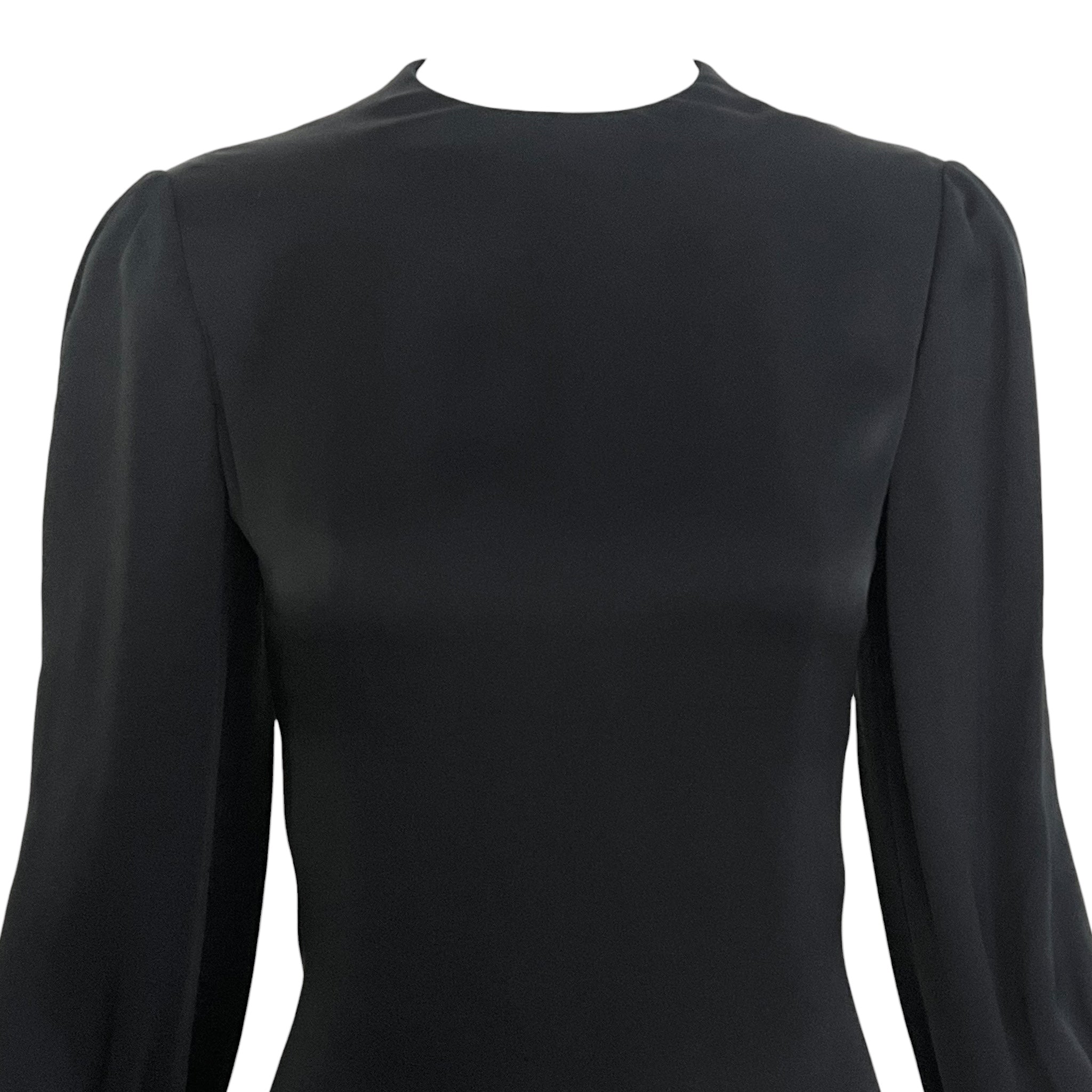 Galanos 1970's Black Satin Silk Ruffle Triple Tier Long Sleeve Column Gown, neck