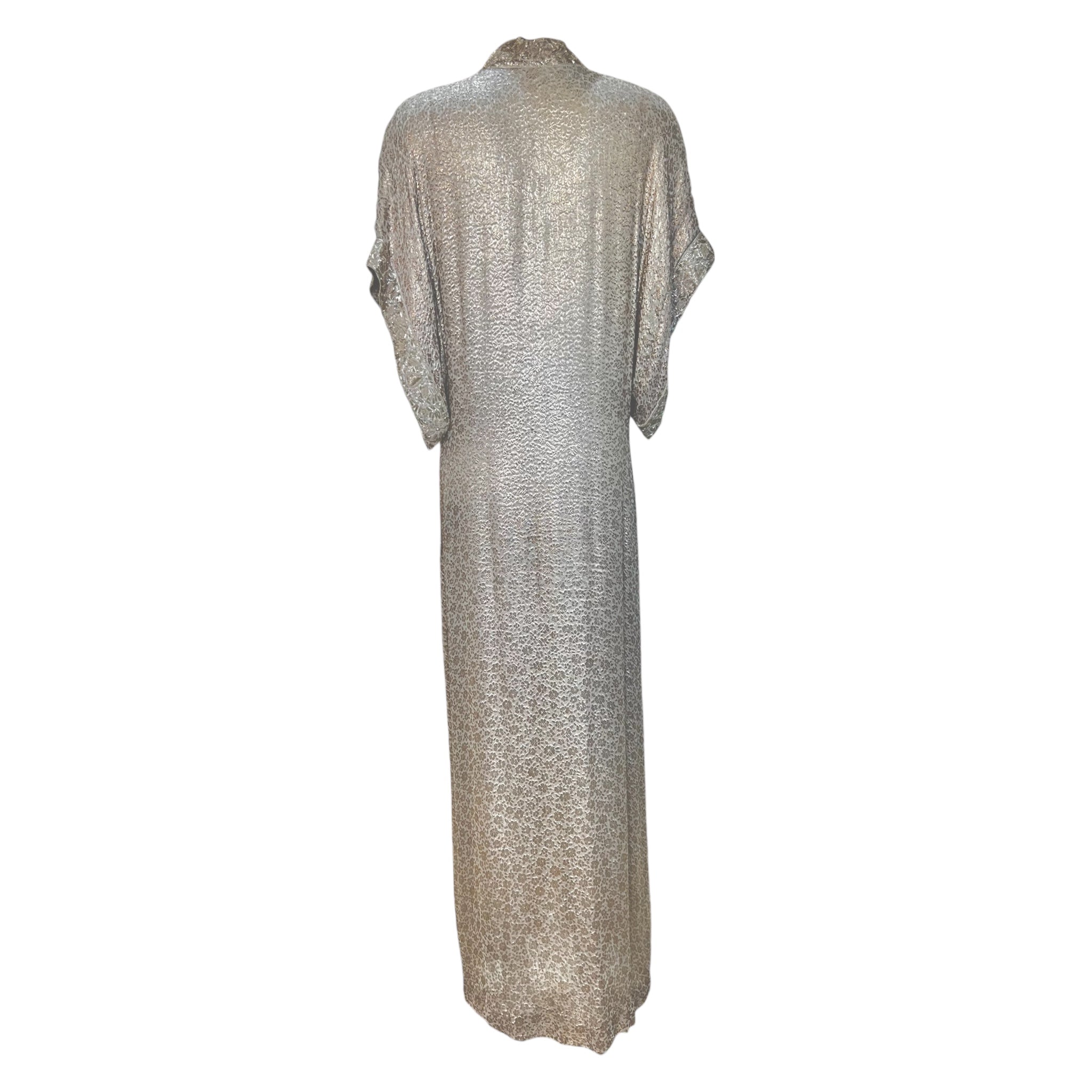 Late 1970's Gold Champagne Lamé Jacquard Caftan Gown and Scarf, dress back