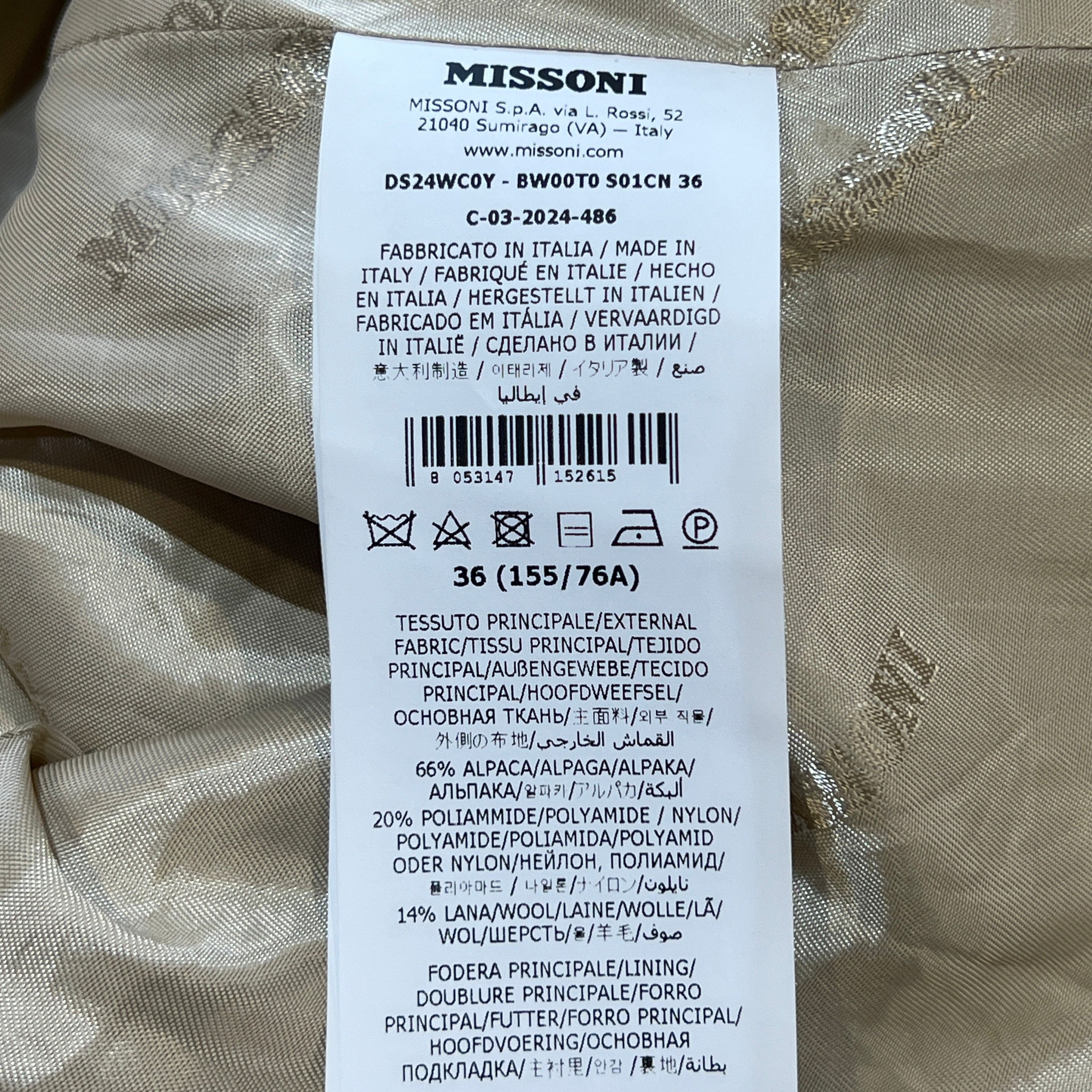 Missoni 2025 Herringbone Beige Alpaca Blend Coat, tag