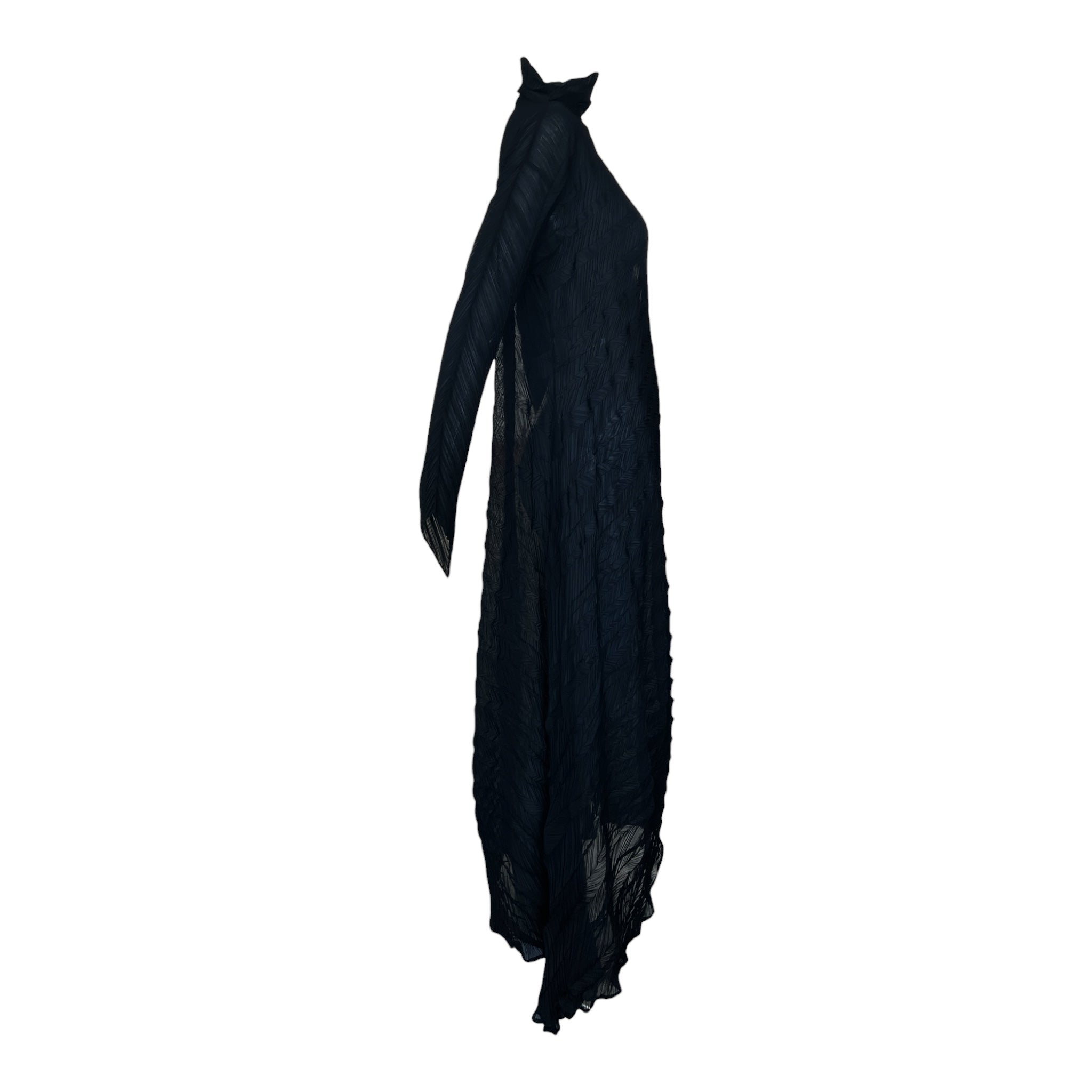 Issey Miyake 90's/Y2K  Black Sheer Herringbone Diagonal Pleated Tunic Dress, side 2