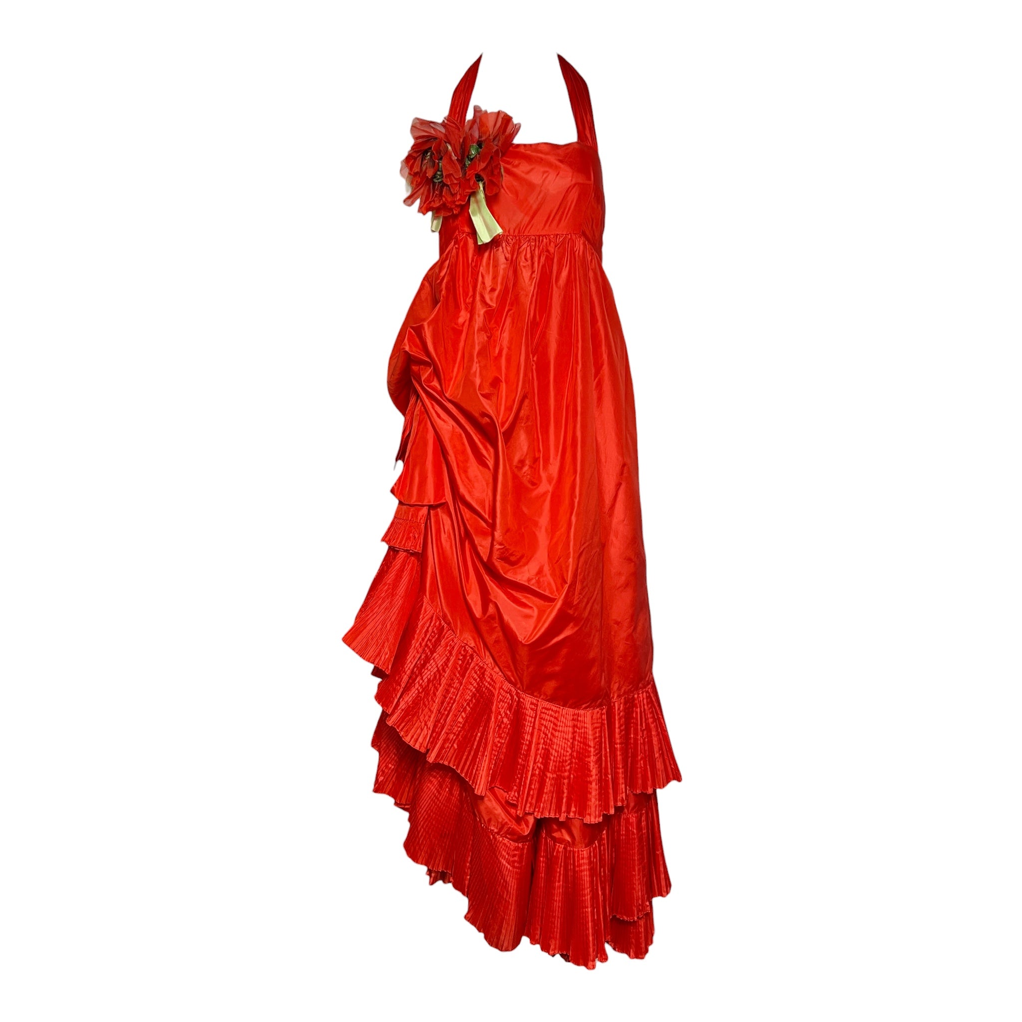 Gina Fratini Early 1980's Scarlet Red Ruffled Silk Taffeta Halter Gown