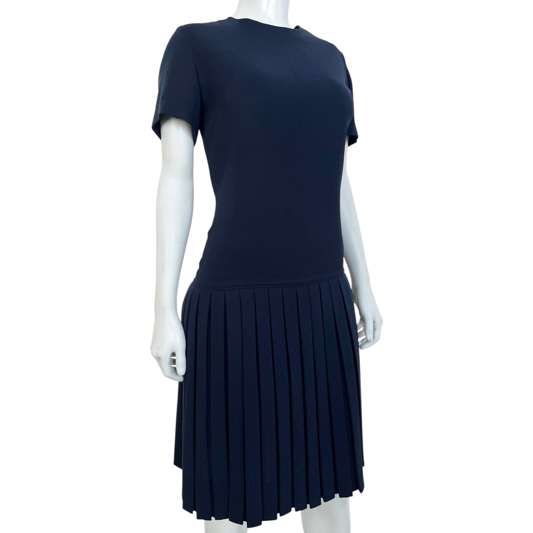 Pierre Balmain Haute Couture Early 1960's Navy Blue Wool Pleated Day Dress, slight side