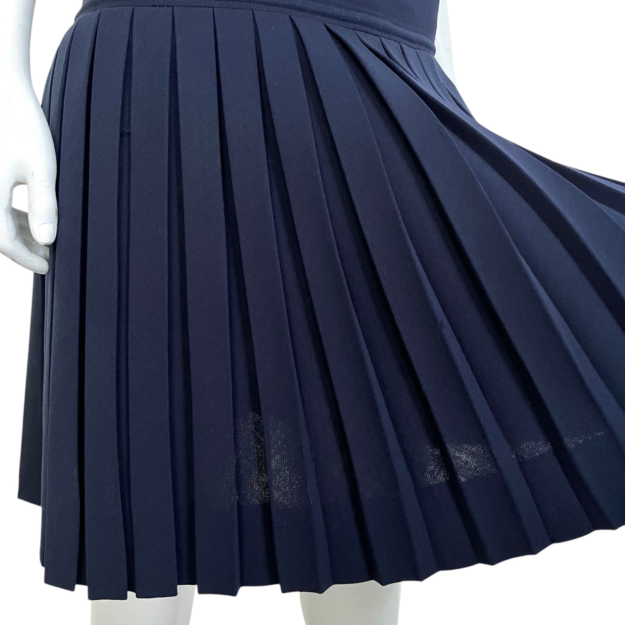 Pierre Balmain Haute Couture Early 1960's Navy Blue Wool Pleated Day Dress, pleats fanned out