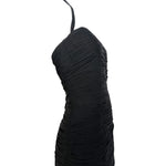 1950's Black Silk Chiffon Ruched Drop Waist Hourglass Halter Gown, side top