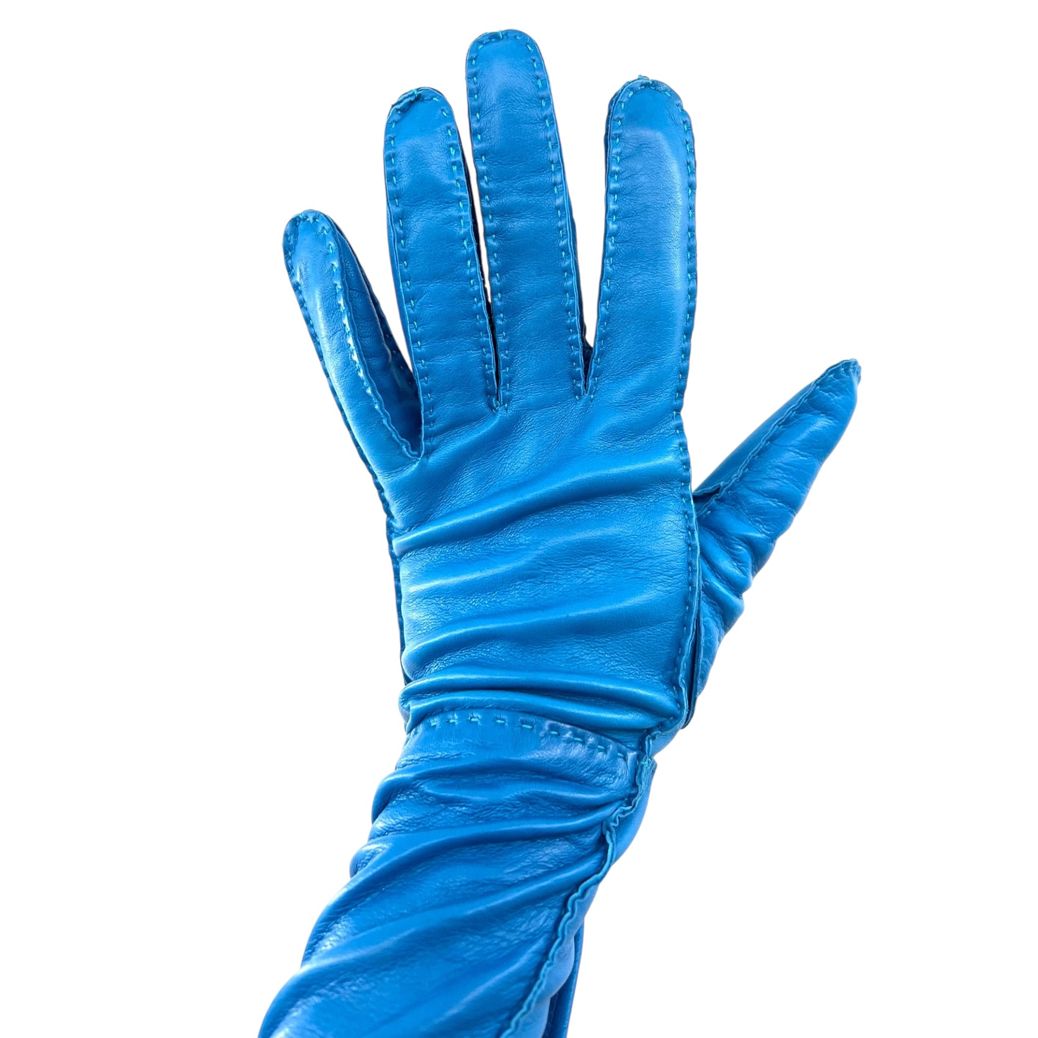 Prada 2020s Blue Lambskin Leather Elbow Length Gloves, fingers