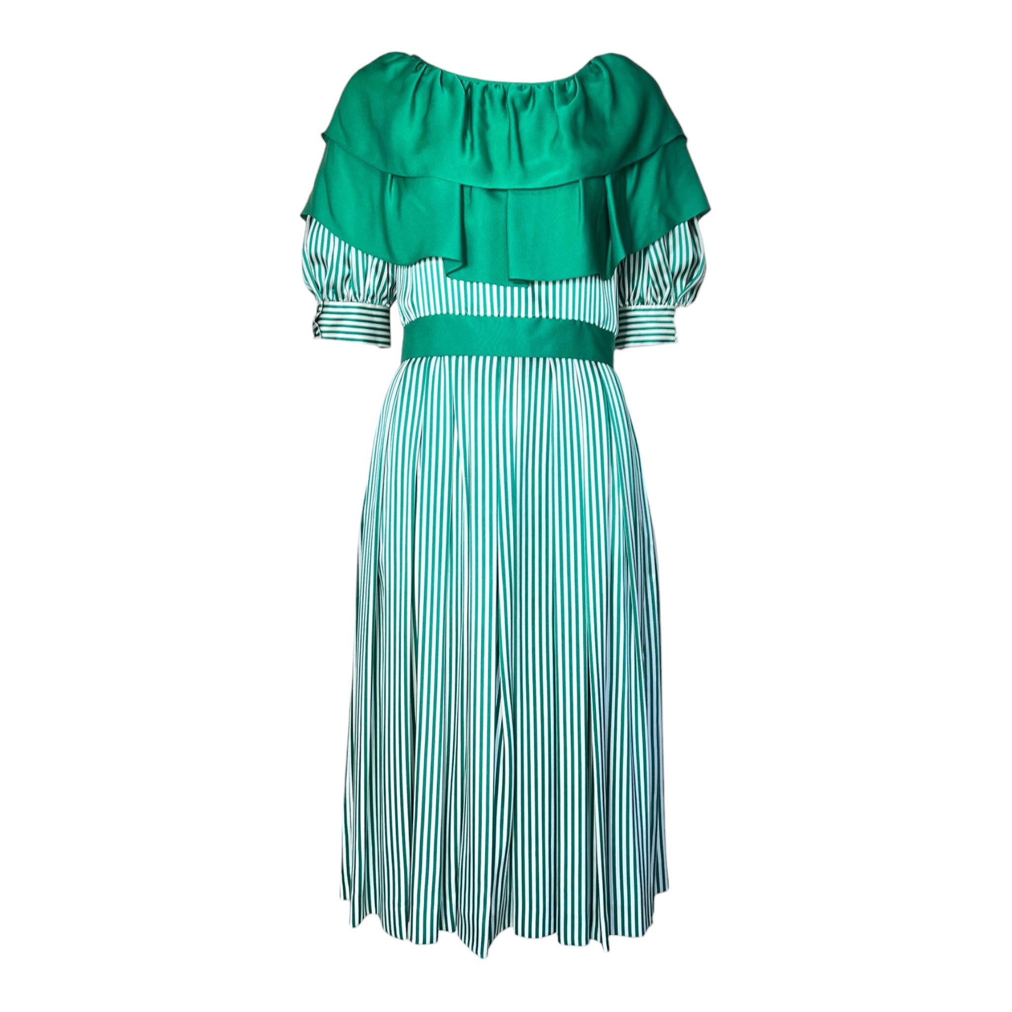 1980's Green and White Striped Silk Dress with Flutter Collar 1980's Green and White Striped Silk Dress with Flutter Collar