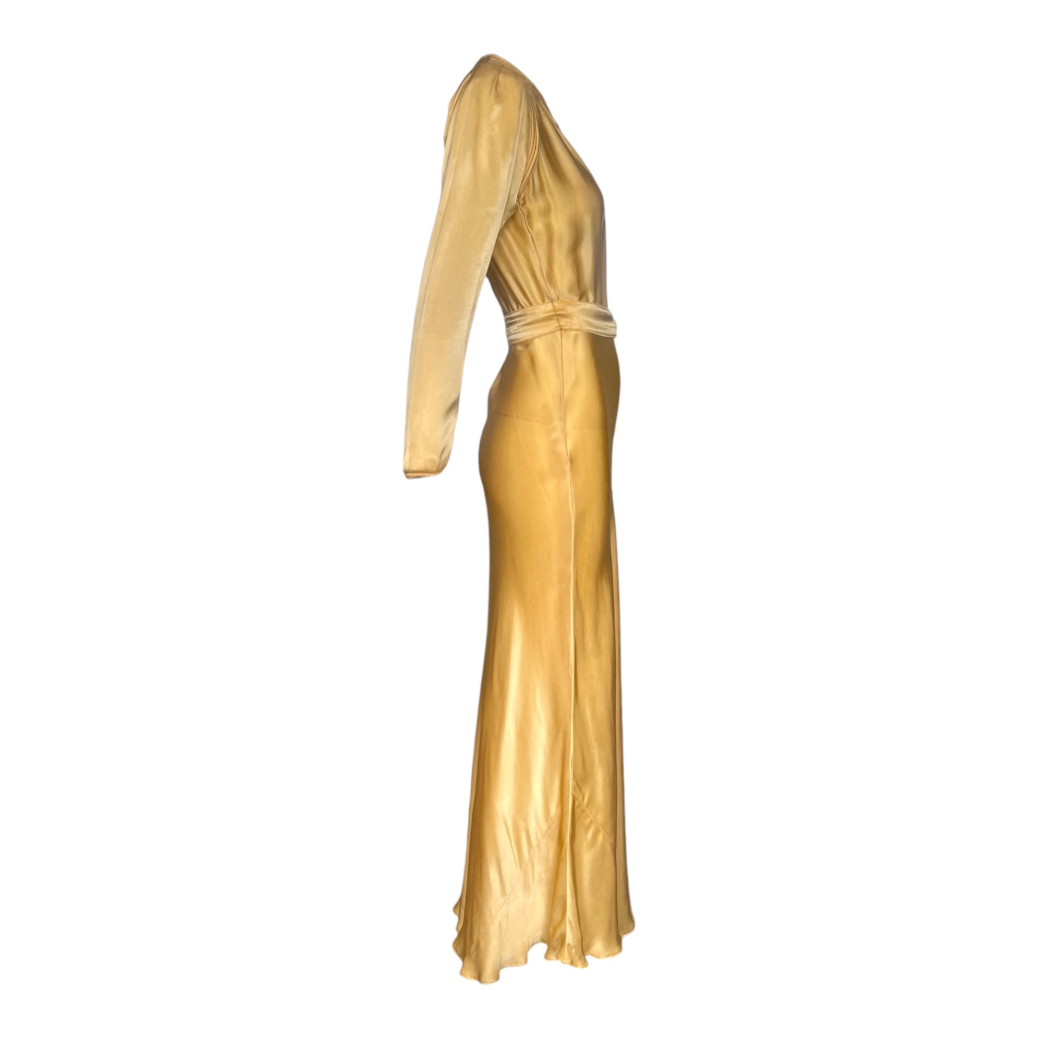 Late 1930s/Early 40s Golden Yellow Satin Belted Dress, side