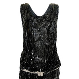 1920's Black Sequin Evening Dress with Rhinestone Belt and Beaded Fringe