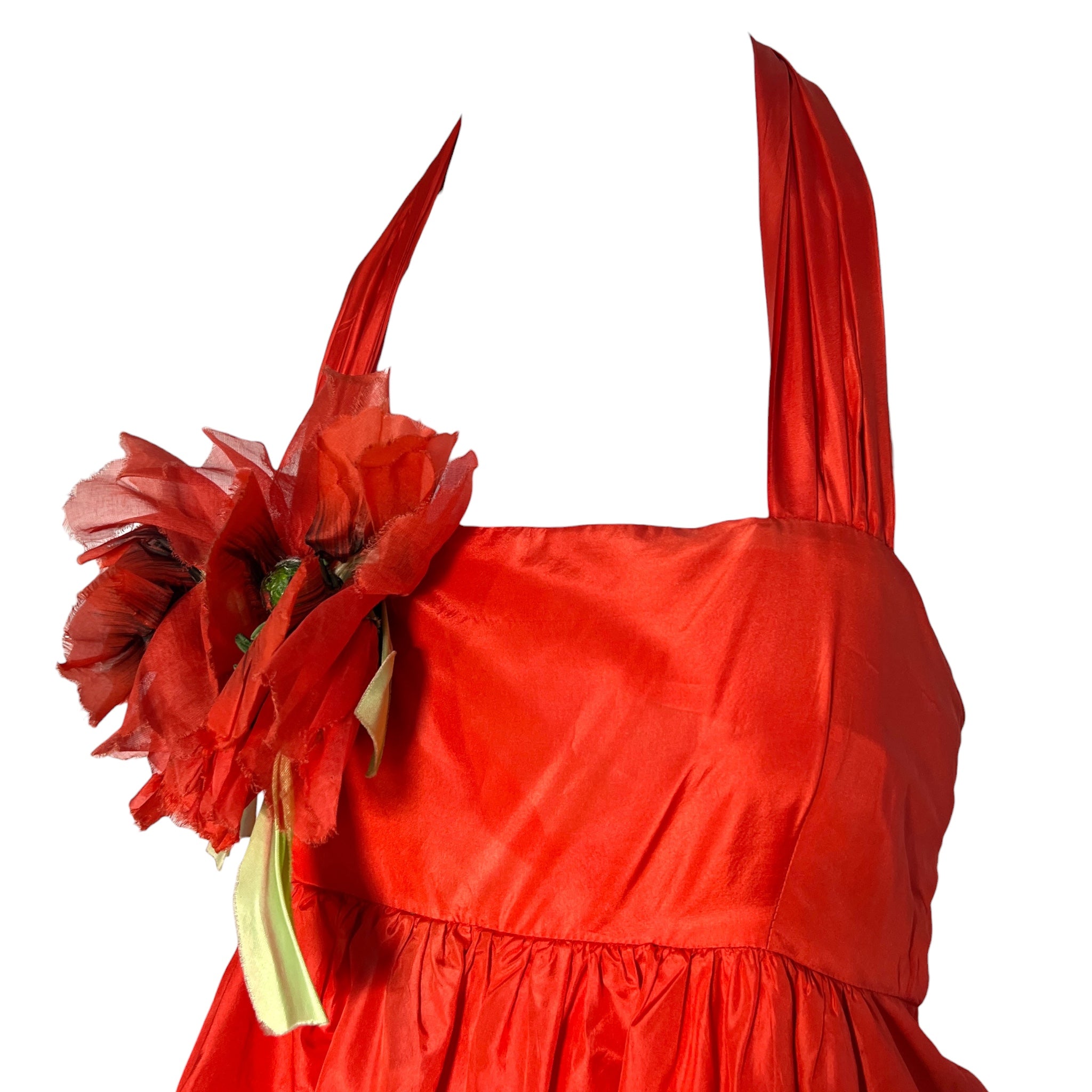 Gina Fratini Early 1980's Scarlet Red Ruffled Silk Taffeta Halter Gown, neck