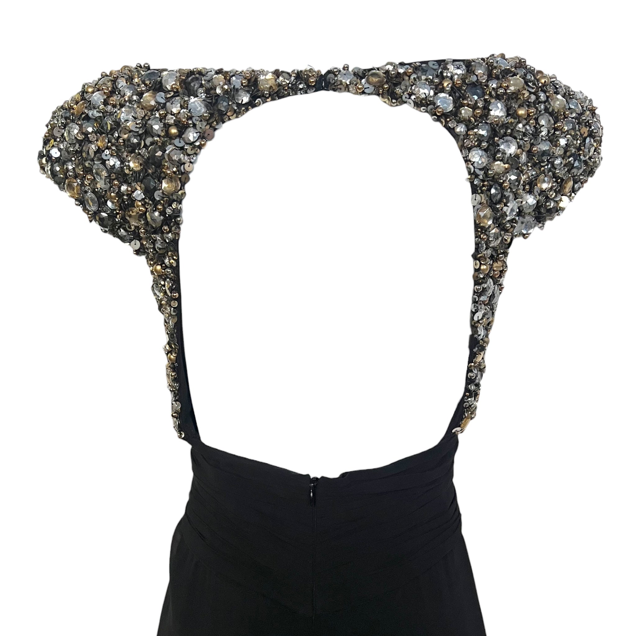  Elie Saab Black Silk Gown with Gold and Silver Embellished Capped Sleeves, back detail