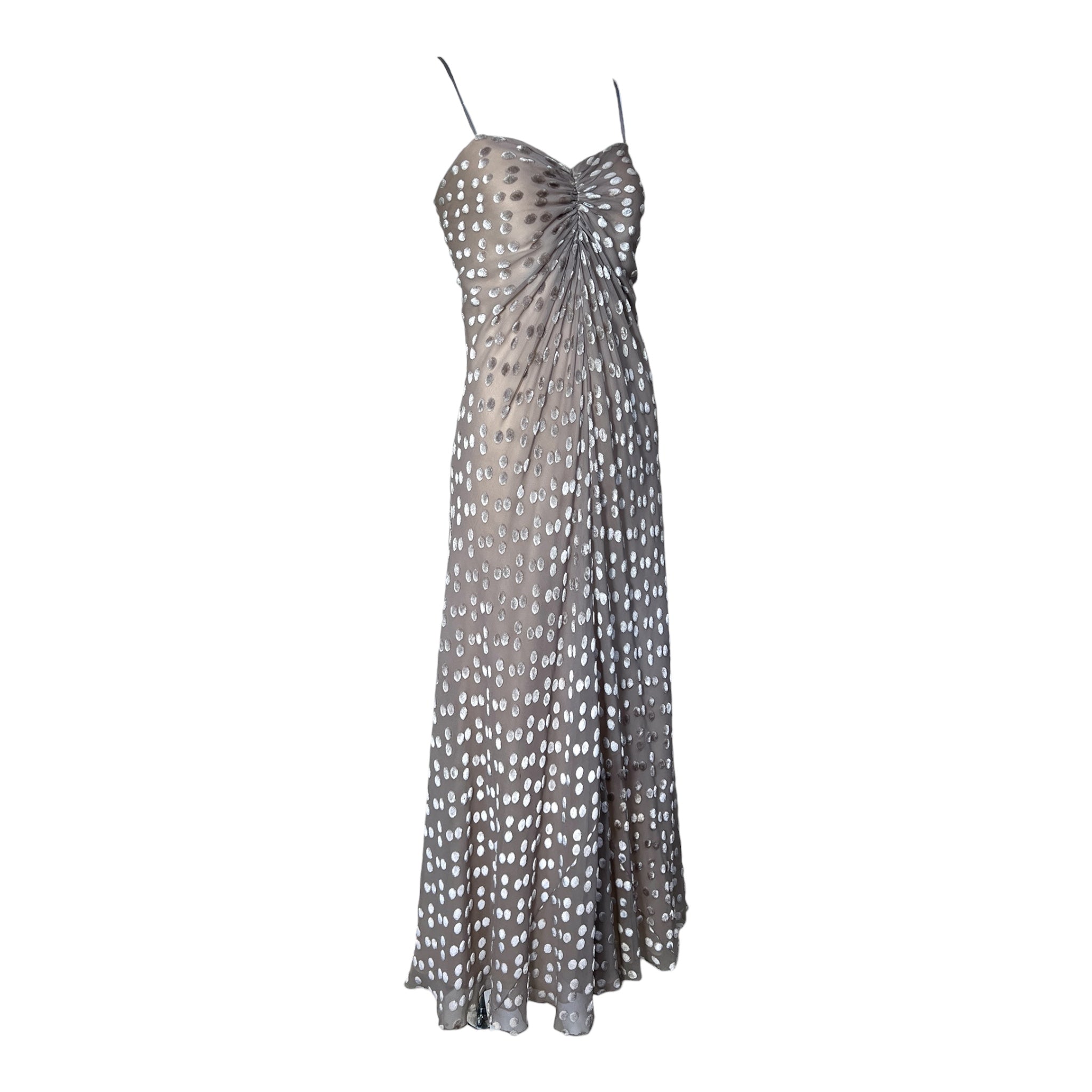 Stavropoulos 1970's Grey Devore Velvet Polkadot and Silk Gown, slight side