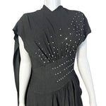 1940's Charcoal Rayon Crystal Studded Evening Dress with Swag Drape, top