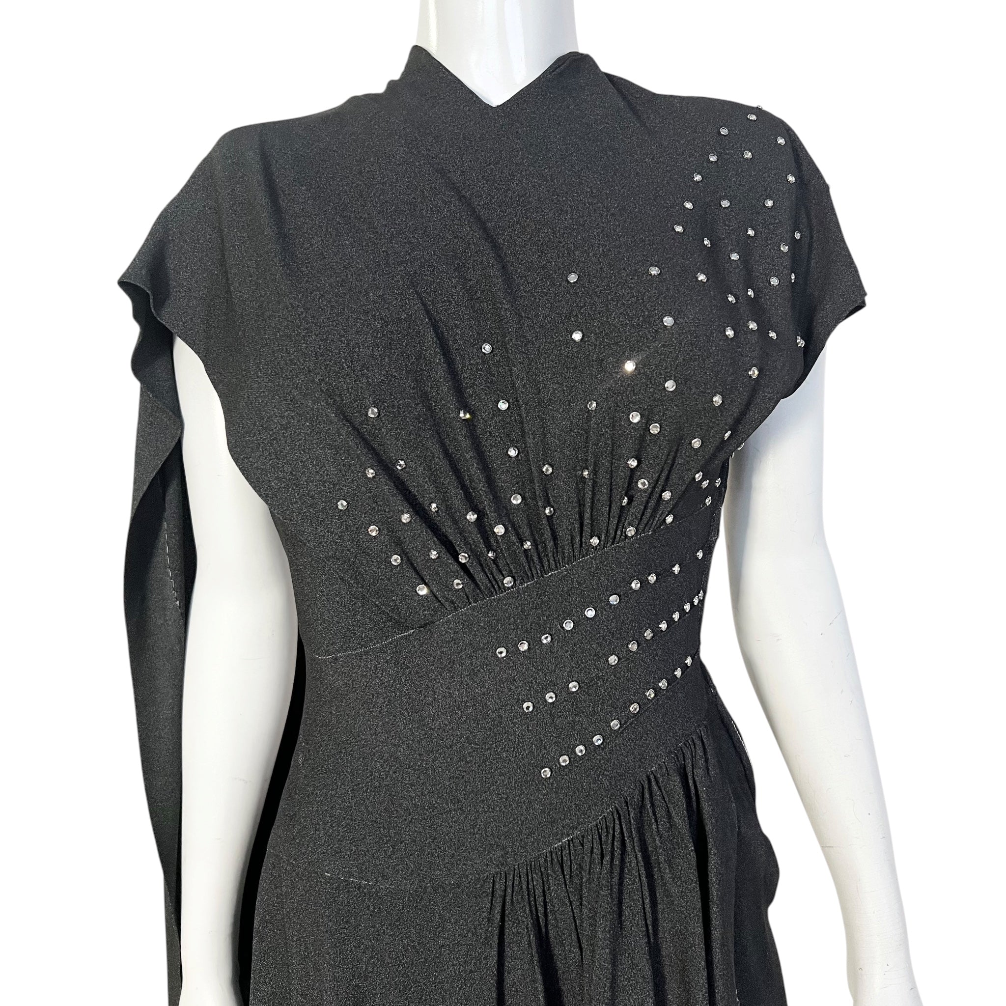 1940's Charcoal Rayon Crystal Studded Evening Dress with Swag Drape, top