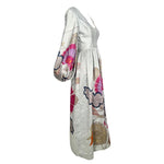 Bill Blass 1969 Silver Brocade Pink Floral Long Sleeve Full Length Dress, Documented, side 2