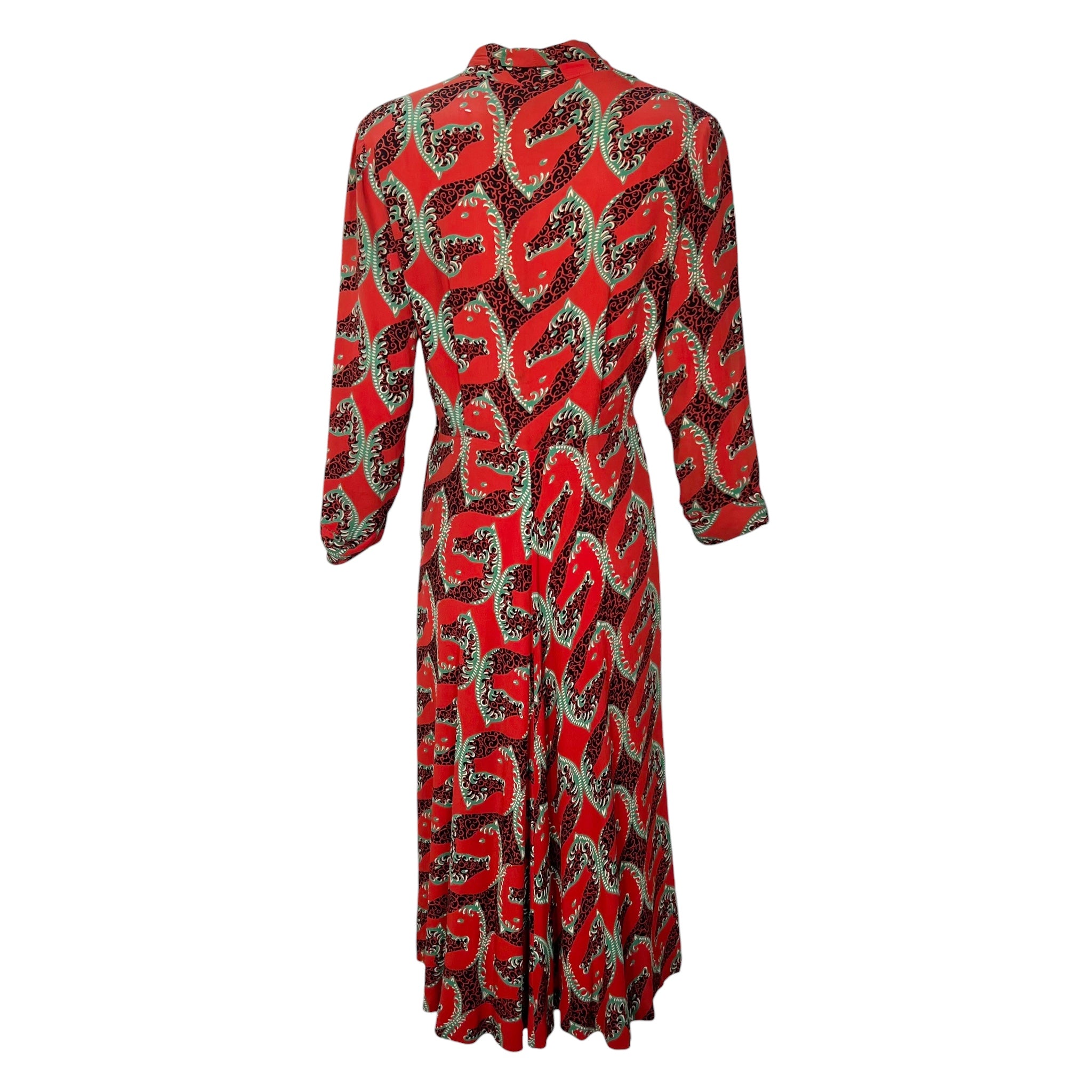 1940's Red Graphic Horse Head Rayon Crepe Dress, back