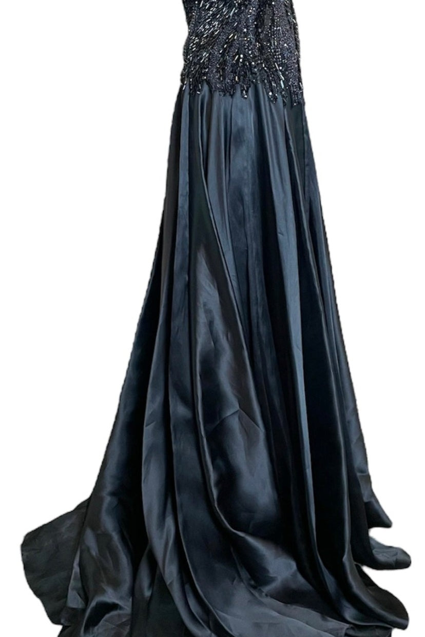 Lorena Sarbu Black Satin  Gown with Heavily Beaded Bodice SIDE 2 of 5