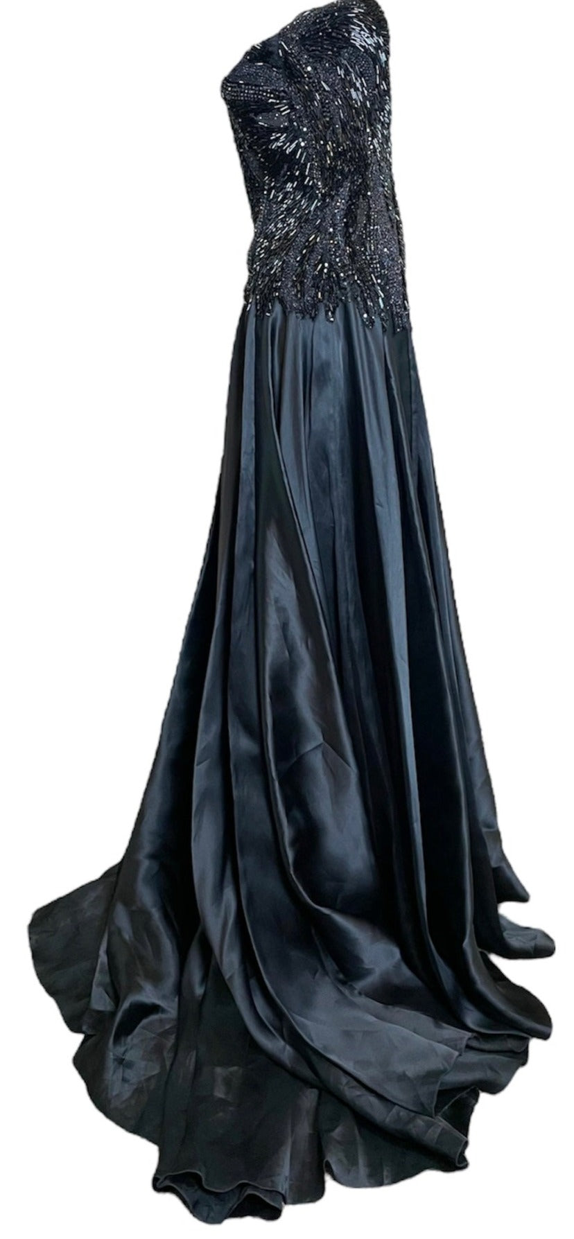  Lorena Sarbu Black Satin  Gown with Heavily Beaded Bodice SIDE 2 of 5