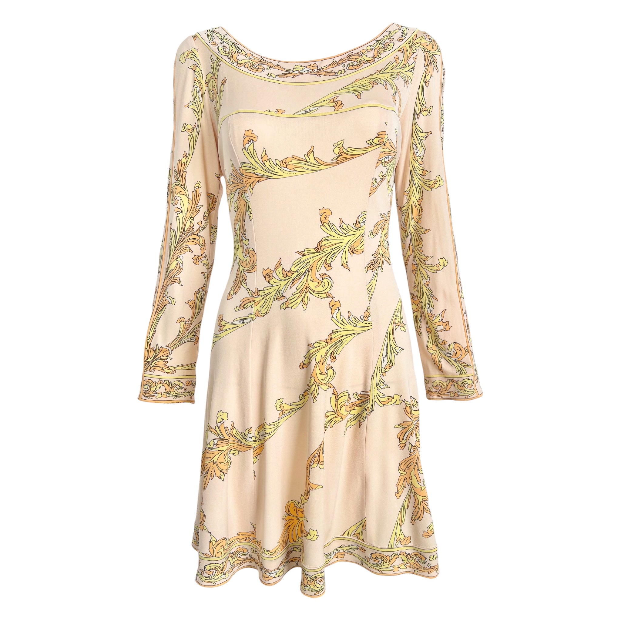 Emilio Pucci 1970's Pale Peach Pastel Printed Silk Jersey Mini Dress