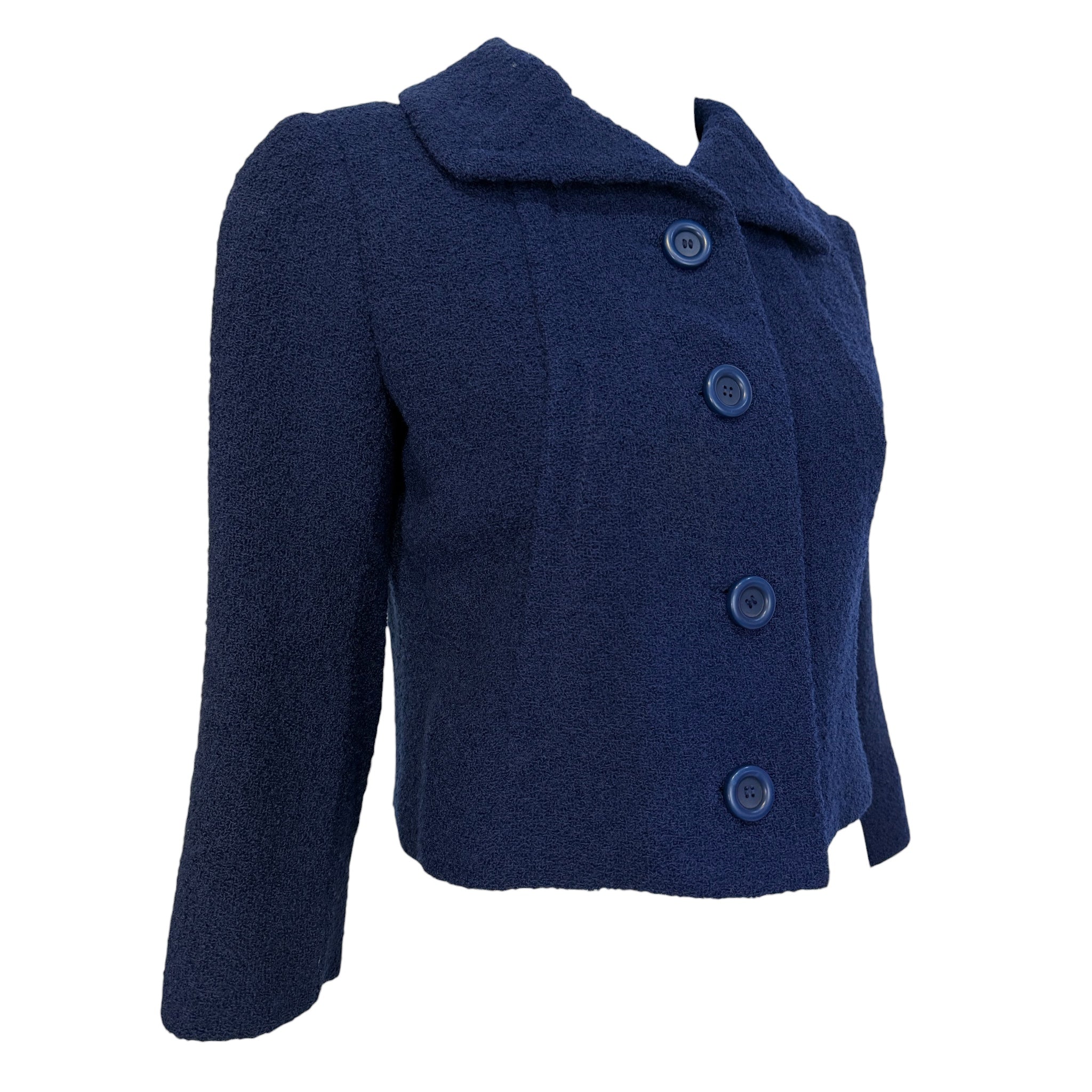 Christian Dior Spring 1963 Navy Blue Boucle Wool Skirt Suit, jacket slight side