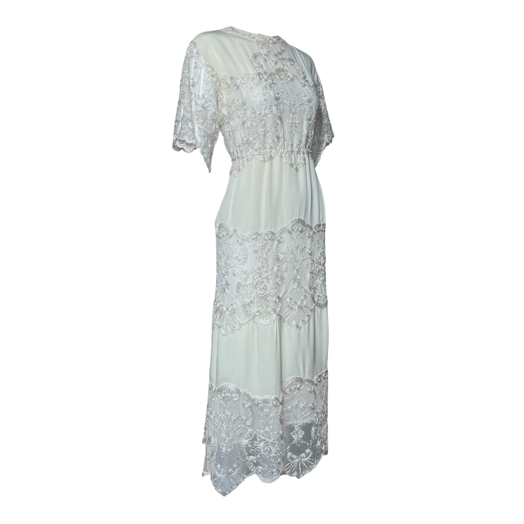 Giorgio Sant'Angelo 1970's Ivory Crepe and Silver Lace Dress THE WAY WE WORE Giorgio Sant'Angelo 1970's Ivory Crepe and Silver Lace Dress THE WAY WE WORE