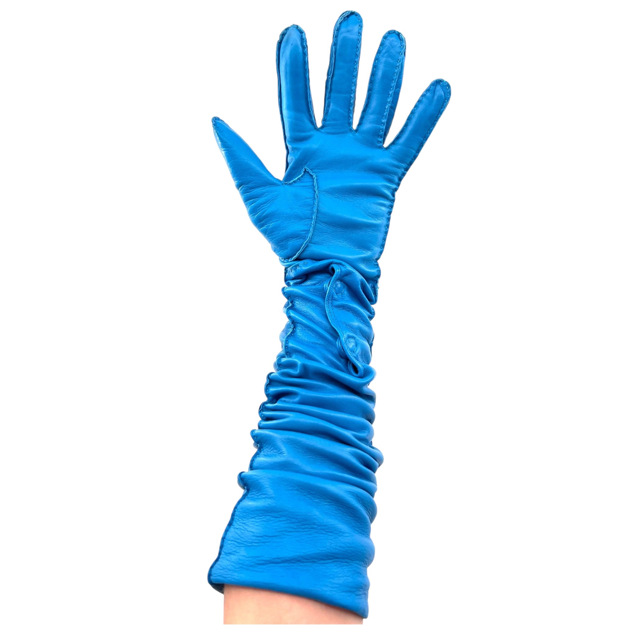 Prada 2020s Blue Lambskin Leather Elbow Length Gloves, open hand