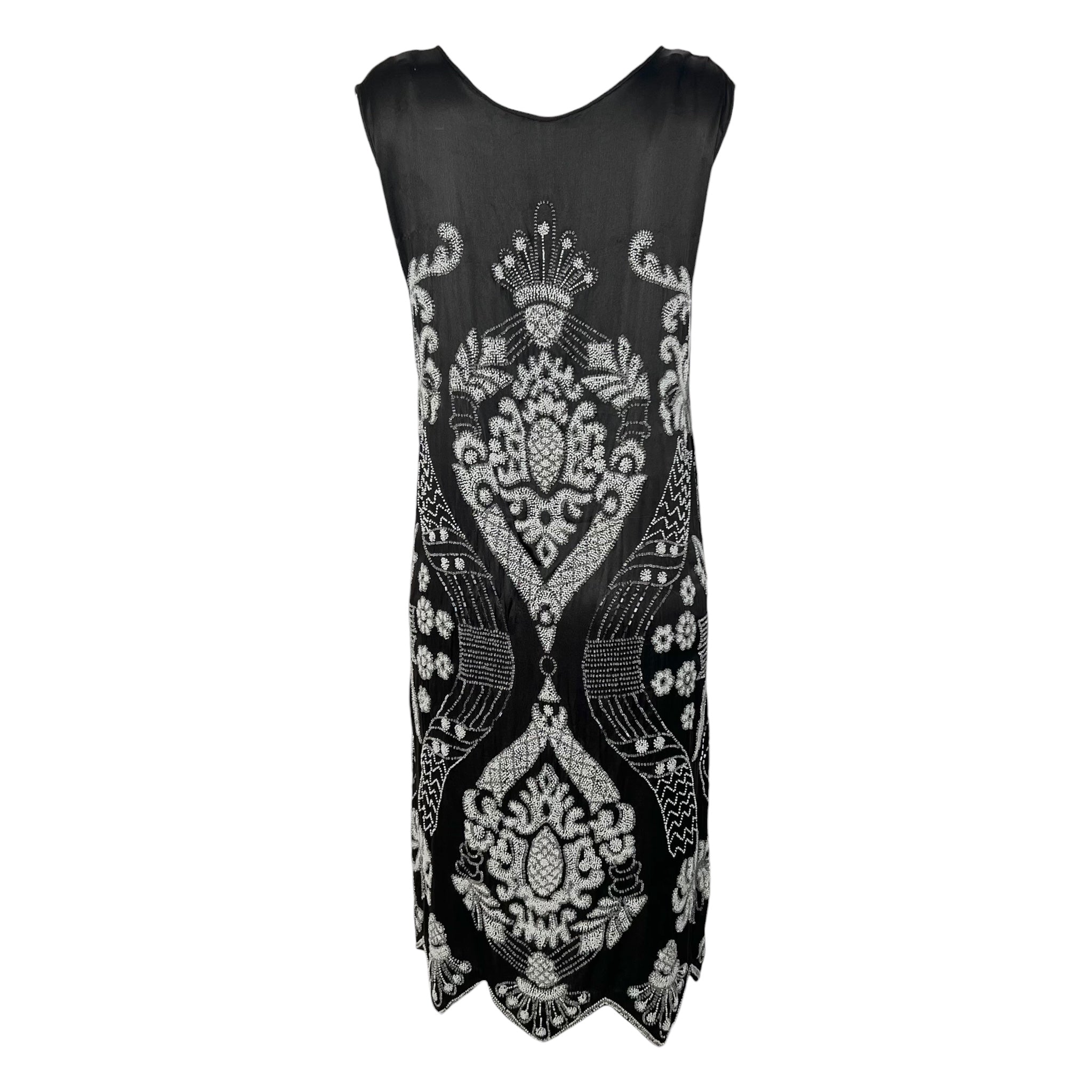 1920's Art Deco White Beaded Charcoal Black Satin Silk Evening Dress, back