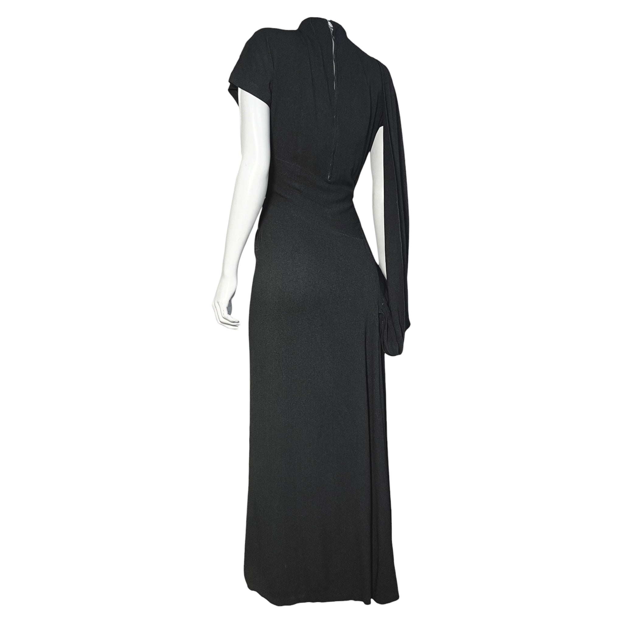 1940's Charcoal Rayon Crystal Studded Evening Dress with Swag Drape, slight side back