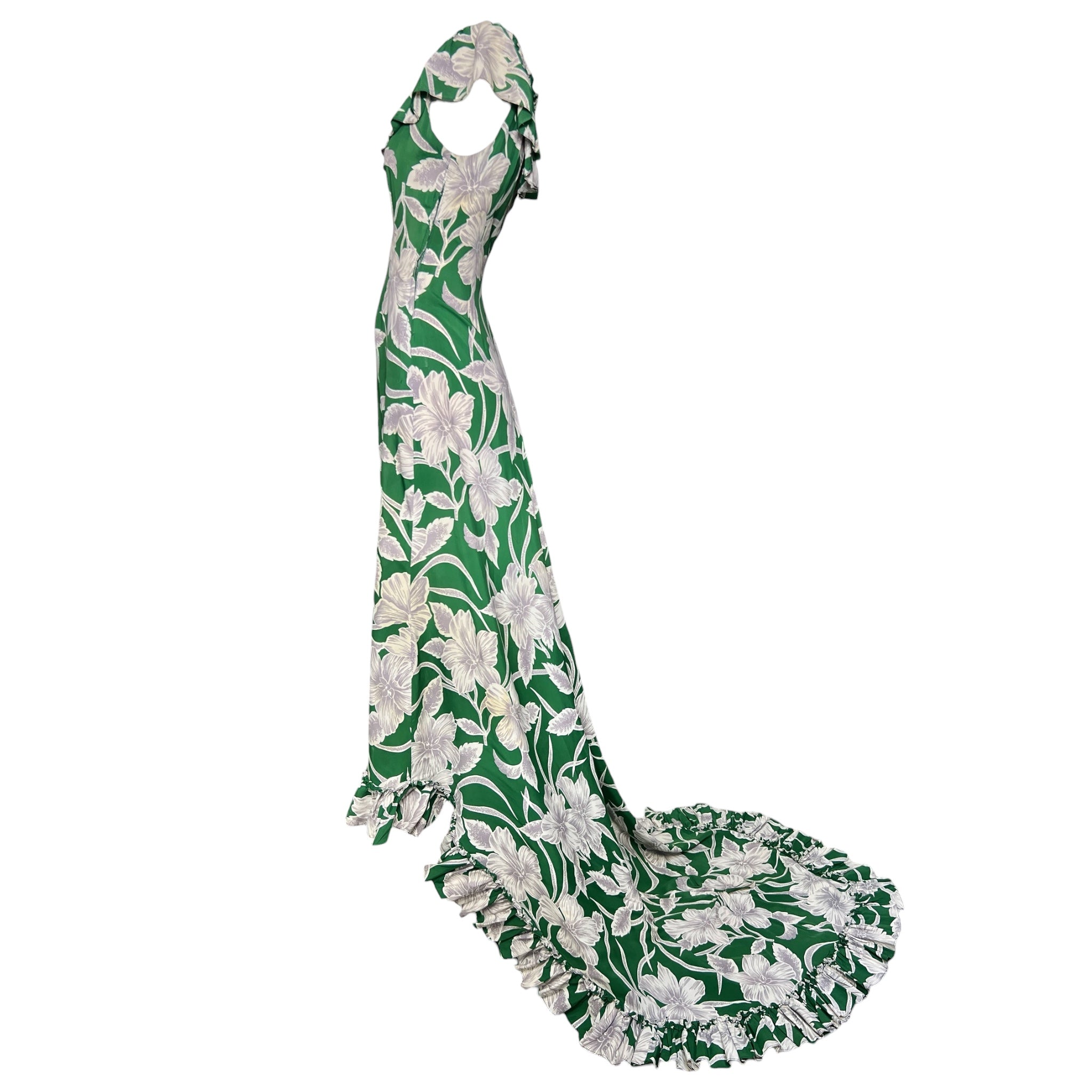 1940's Green Rayon Print Hawaiian Floral Holoku Dress with Train – THE WAY WE WORE