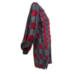 Galanos 1980's Maroon and Grey Silk Jacquard Graphic Print Dress, side