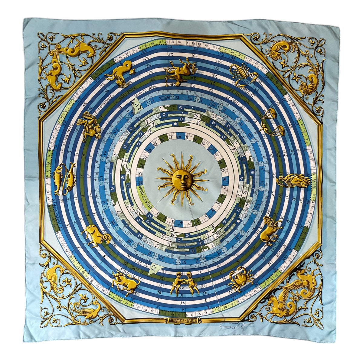 Foulard En Soie BASILE Vintage - Motif Horoscope, 78x82 Cm, Occasion, Couleur Verte