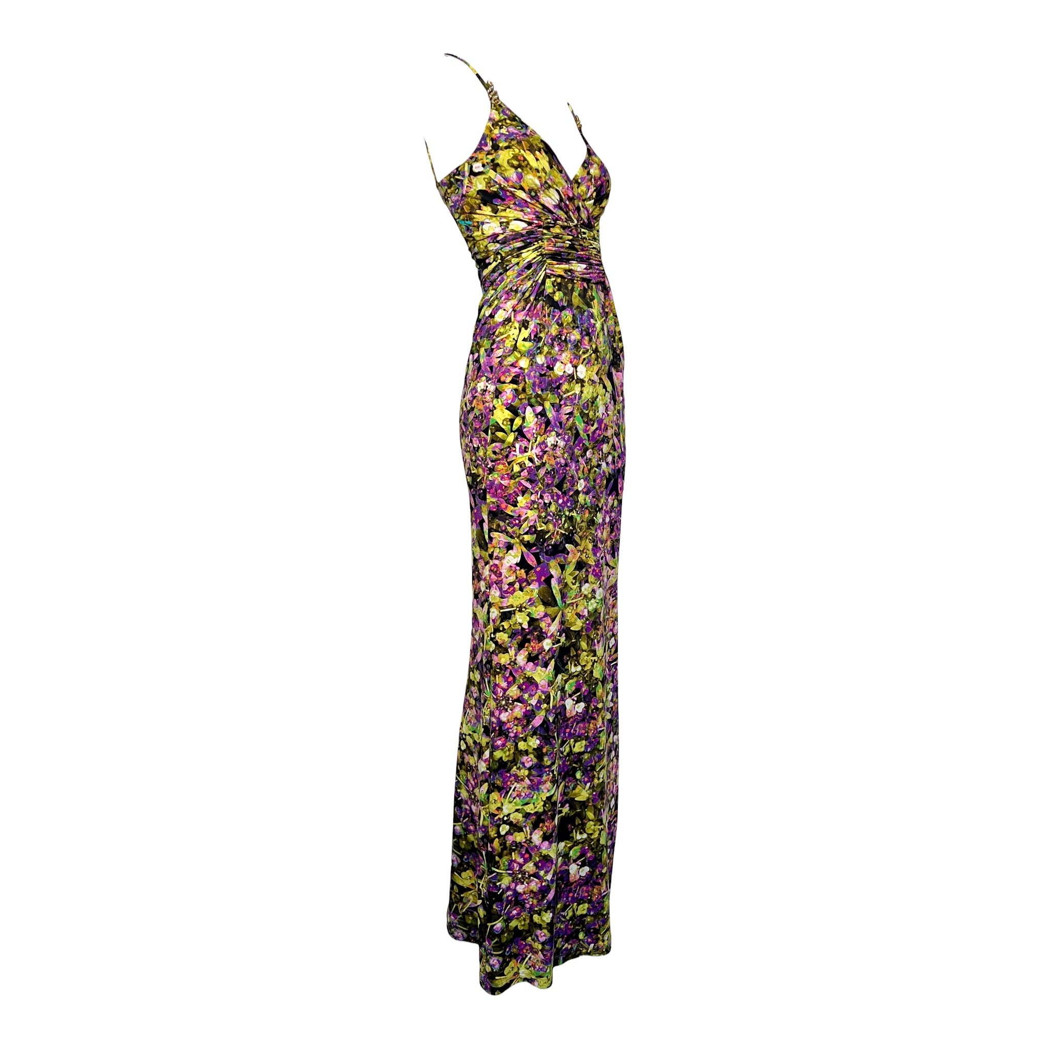 Roberto Cavalli 2008 Neon Floral Jersey Maxi Dress, slight side
