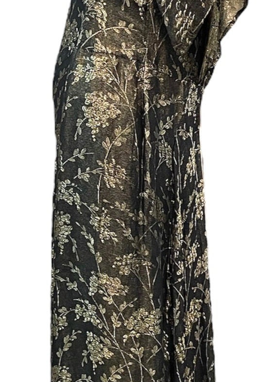 30s Black and Gold Floral Lamé Gown with Flounced Sleeves SID 2 of 4