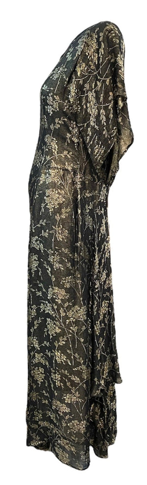 30s Black and Gold Floral Lamé Gown with Flounced Sleeves SID 2 of 4