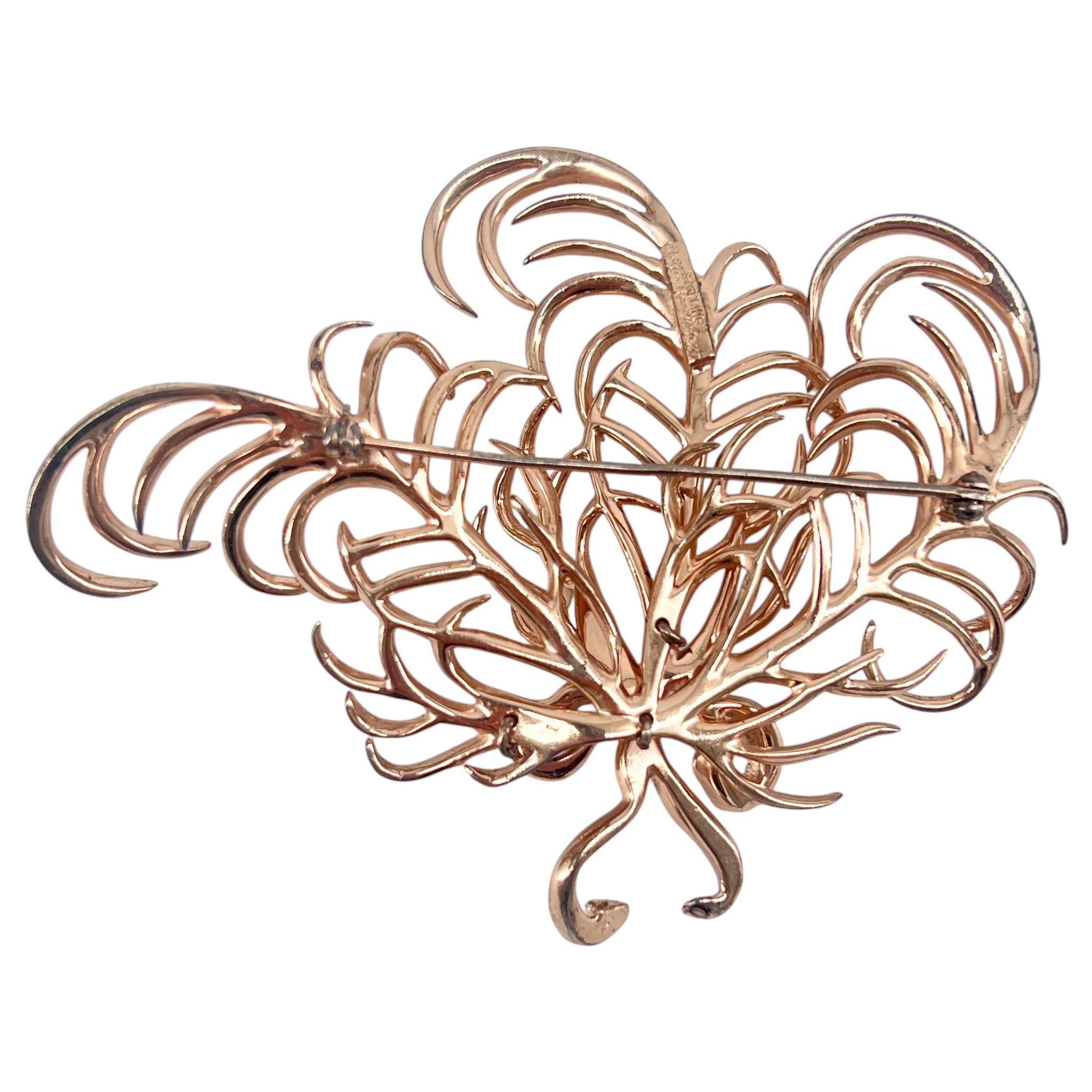 Nettie Rosenstein 1940's Sterling Silver Gold Vermeil Diamante Feather Brooch and Earrings, brooch back