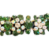 960s Green and Iridescent  White Floral Cluster  Rhinestone Link Bracelet FRONT 2 of 4