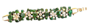 960s Green and Iridescent  White Floral Cluster  Rhinestone Link Bracelet FRONT 2 of 4