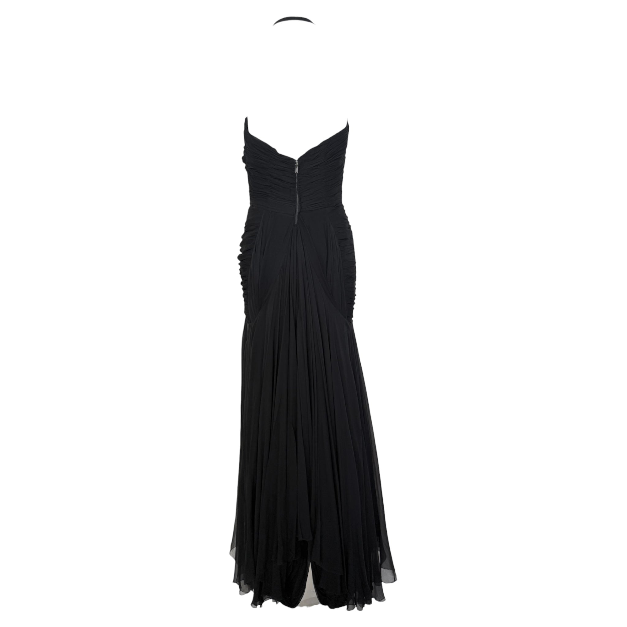 1950's Black Silk Chiffon Ruched Drop Waist Hourglass Halter Gown, back