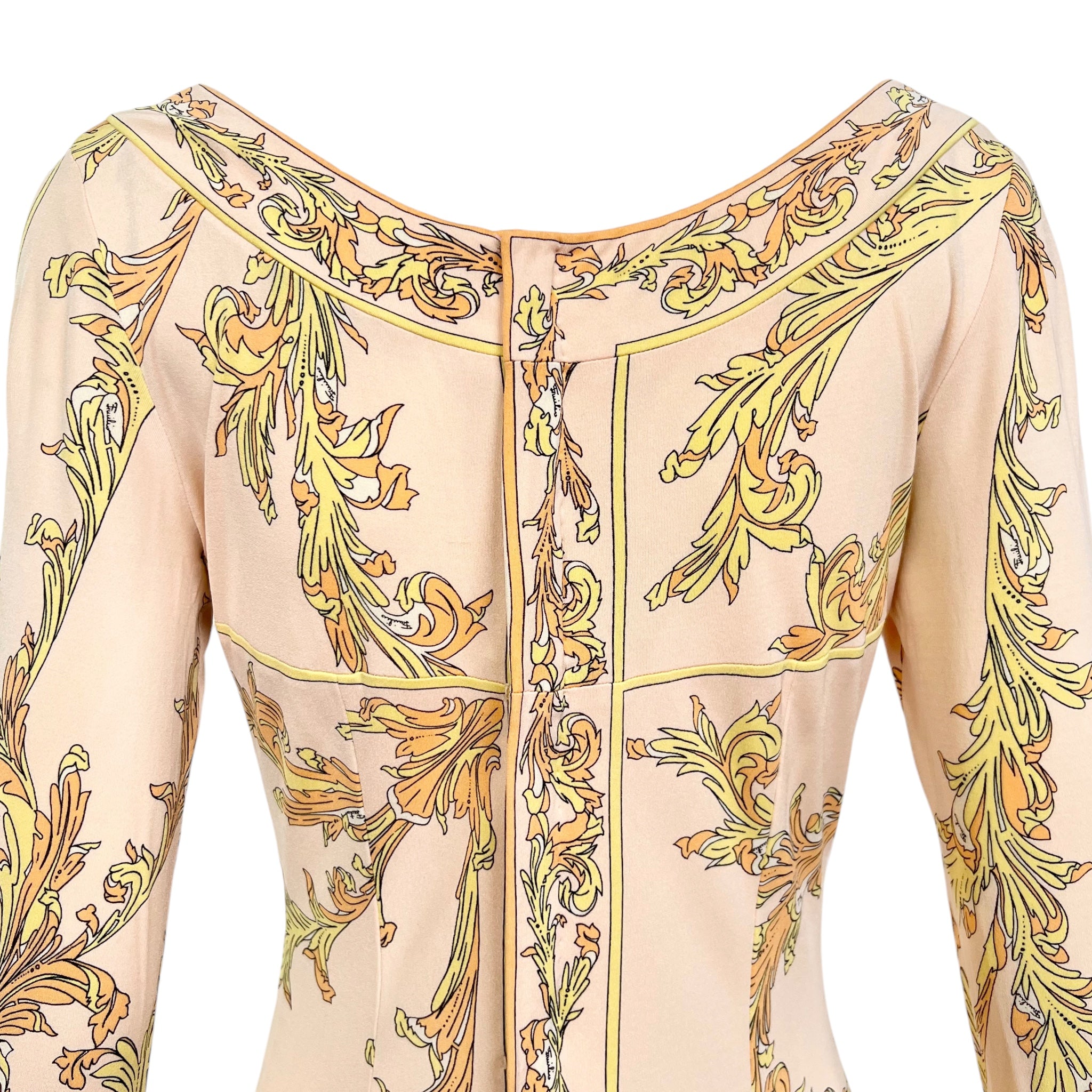 Emilio Pucci 1970's Pale Peach Pastel Printed Silk Jersey Mini Dress, back top